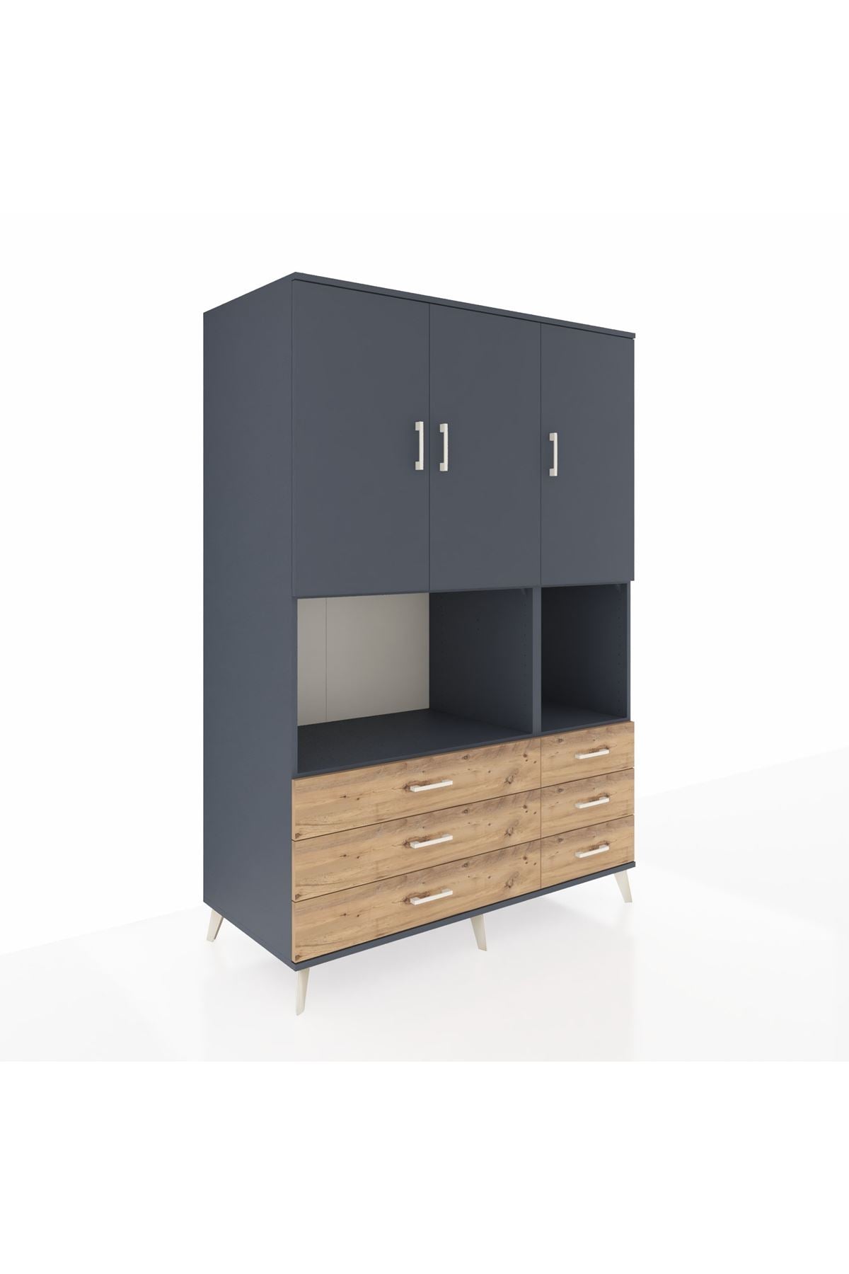 Kronos Dolap 6 Raflı 6 Çekmeceli 3 Kapaklı 132x59x195 Antrasit-Antrasit/Çam