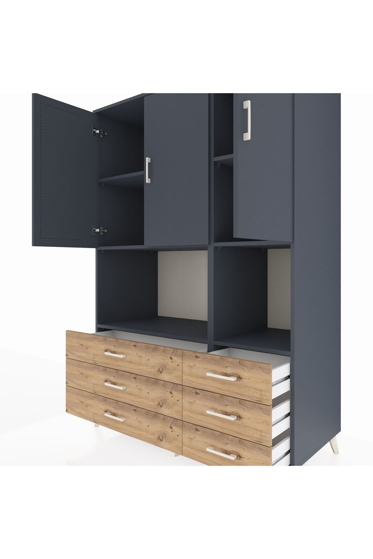 Kronos Dolap 6 Raflı 6 Çekmeceli 3 Kapaklı 132x59x195 Antrasit-Antrasit/Çam