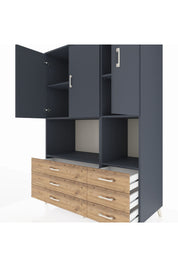 Kronos Dolap 6 Raflı 6 Çekmeceli 3 Kapaklı 132x59x195 Antrasit-Antrasit/Çam