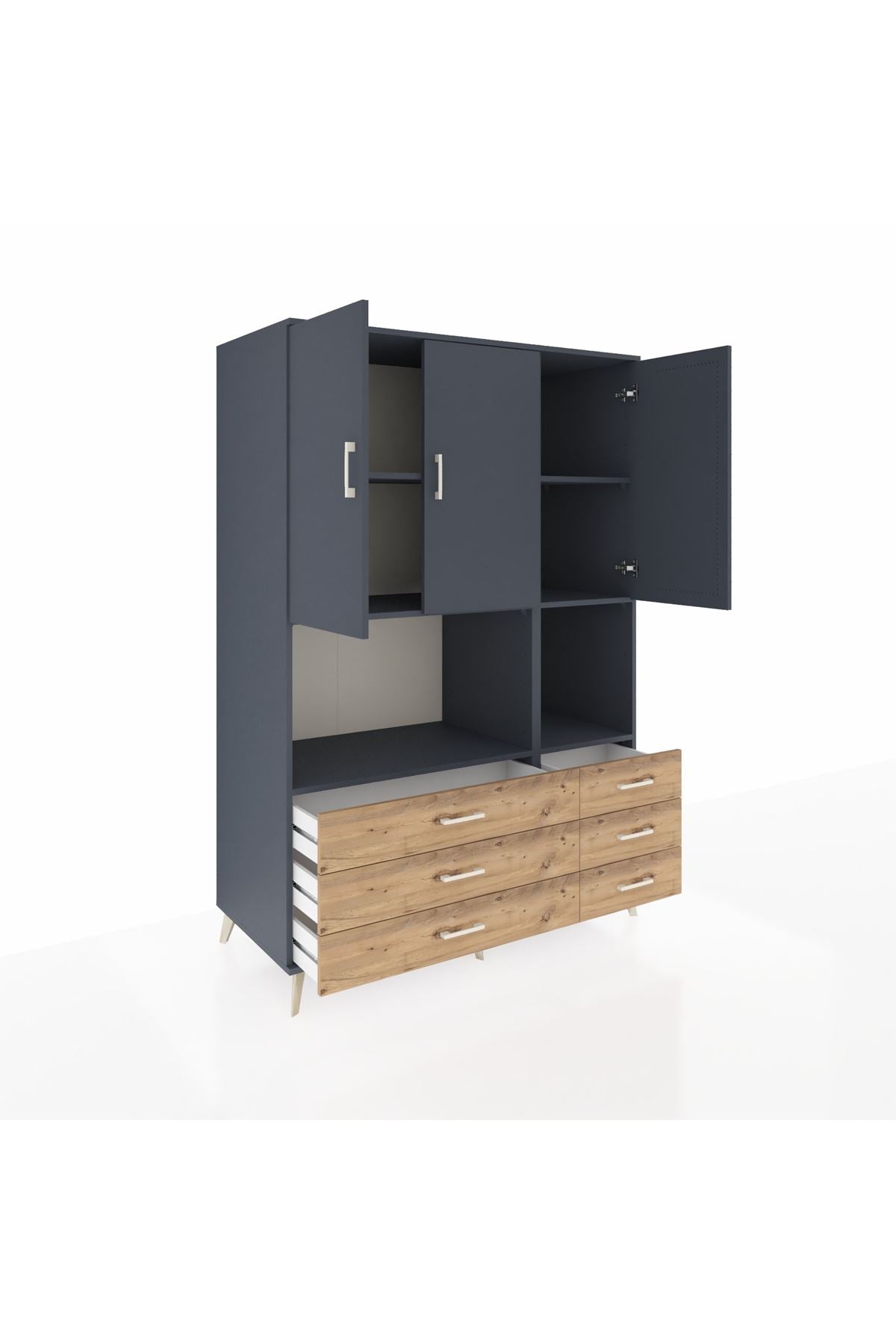 Kronos Dolap 6 Raflı 6 Çekmeceli 3 Kapaklı 132x59x195 Antrasit-Antrasit/Çam