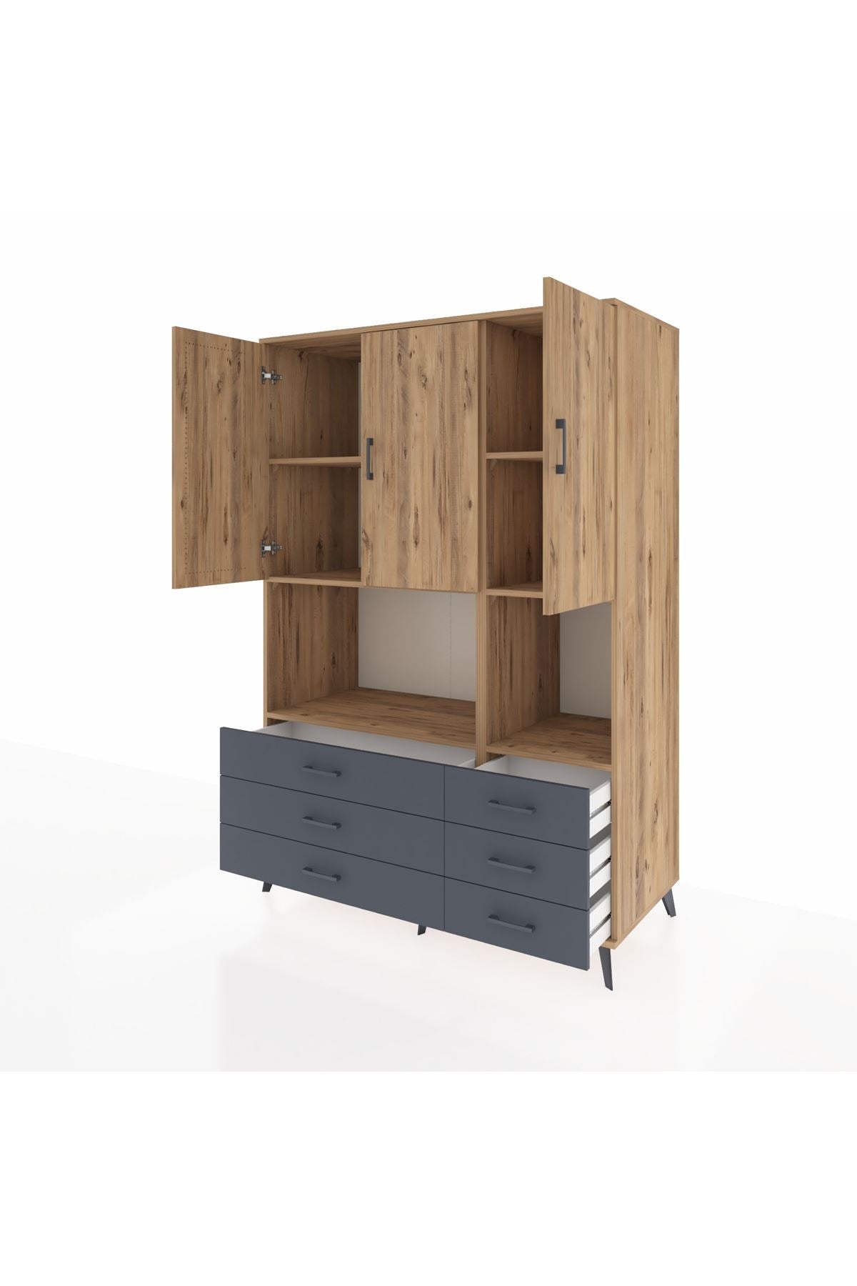 Kronos Dolap 6 Raflı 6 Çekmeceli 3 Kapaklı 132x59x195 Çam-Çam/Antrasit