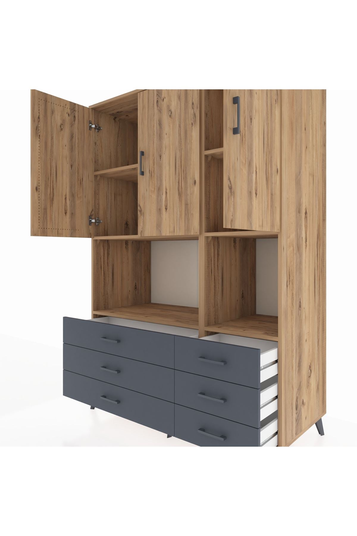 Kronos Dolap 6 Raflı 6 Çekmeceli 3 Kapaklı 132x59x195 Çam-Çam/Antrasit