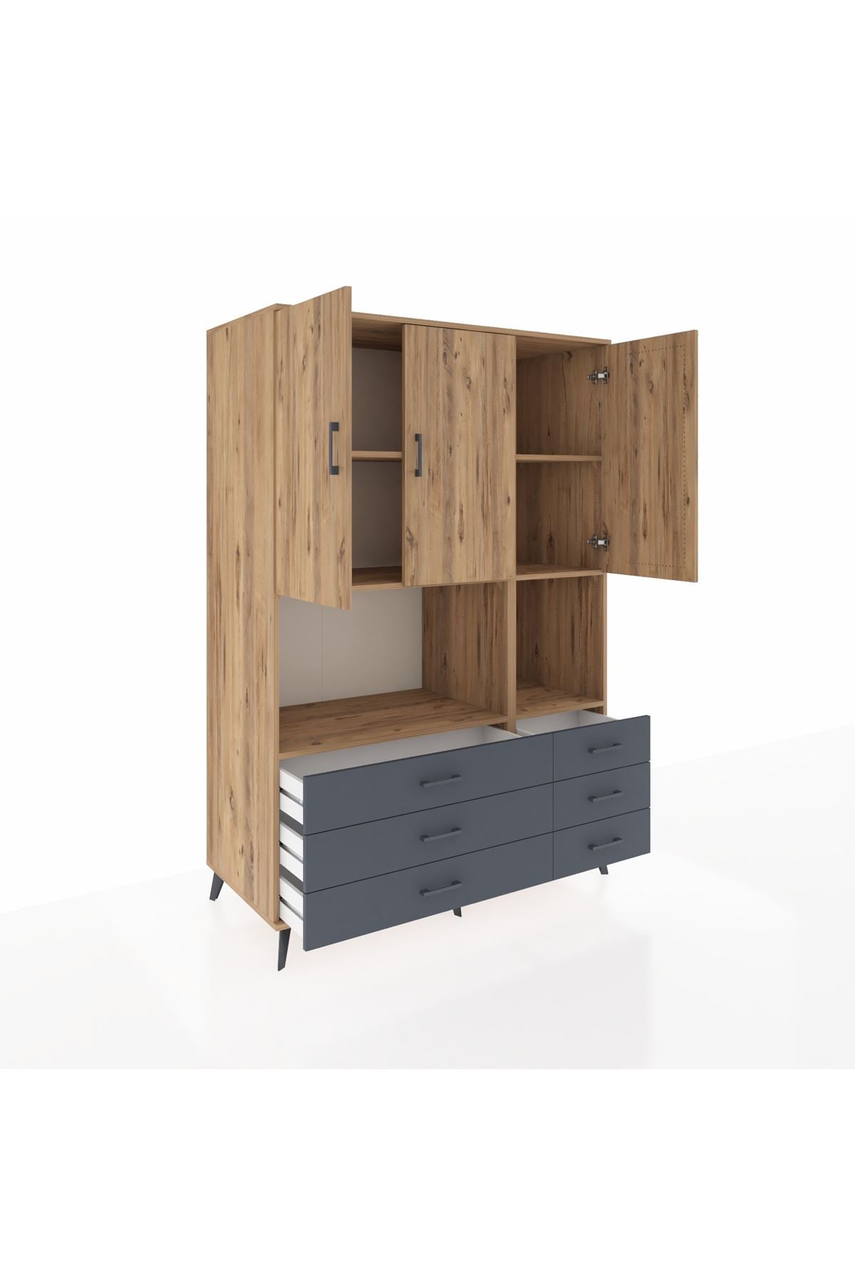 Kronos Dolap 6 Raflı 6 Çekmeceli 3 Kapaklı 132x59x195 Çam-Çam/Antrasit