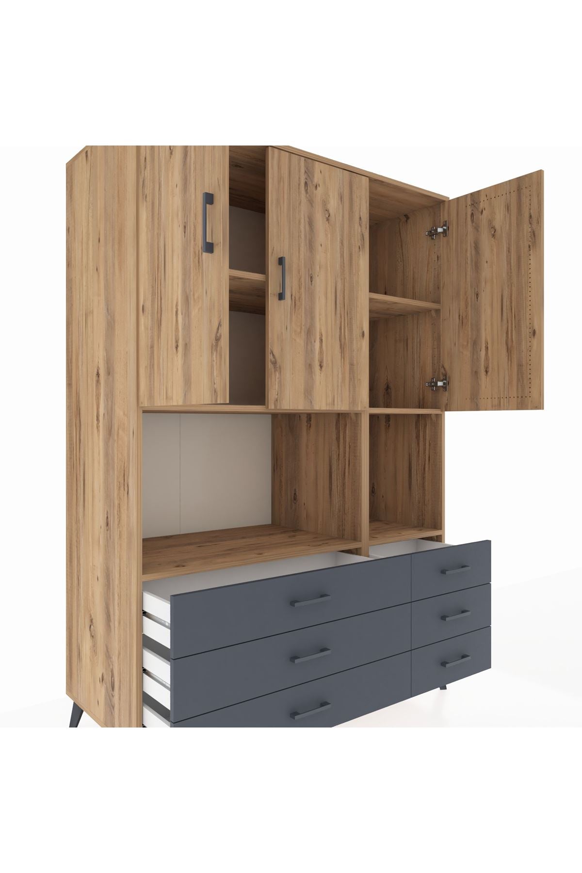 Kronos Dolap 6 Raflı 6 Çekmeceli 3 Kapaklı 132x59x195 Çam-Çam/Antrasit