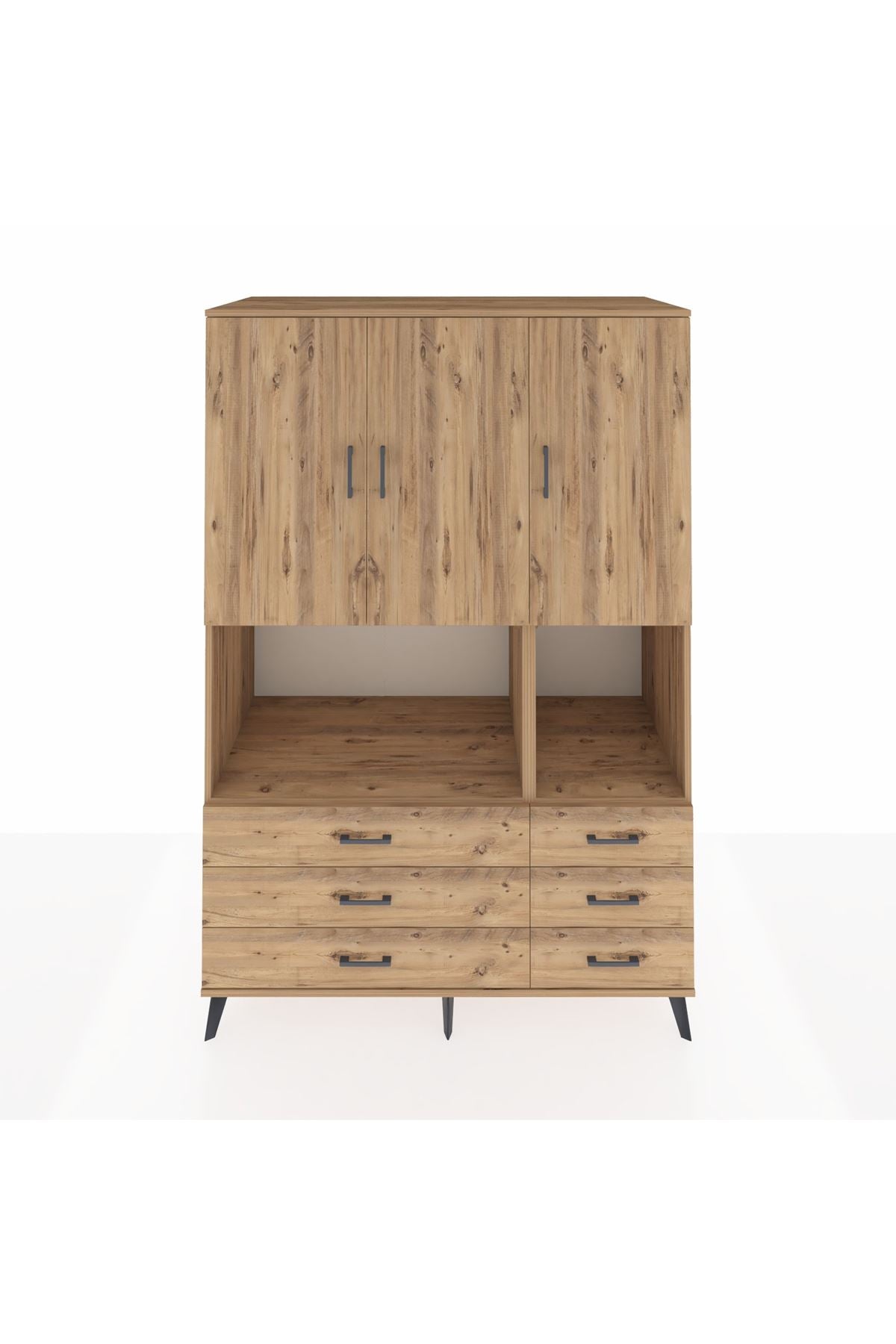 Kronos Dolap 6 Raflı 6 Çekmeceli 3 Kapaklı 132x59x195 Çam-Çam/Çam