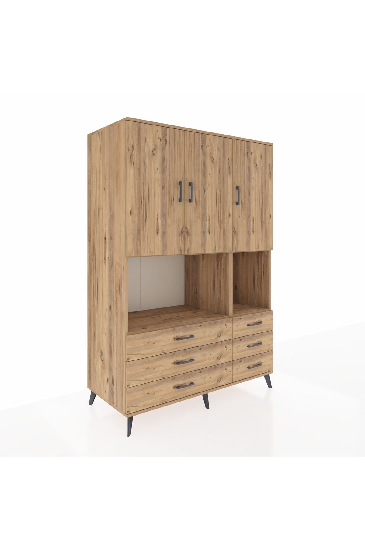 Kronos Dolap 6 Raflı 6 Çekmeceli 3 Kapaklı 132x59x195 Çam-Çam/Çam