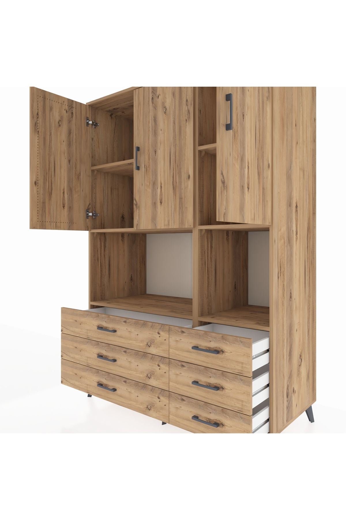 Kronos Dolap 6 Raflı 6 Çekmeceli 3 Kapaklı 132x59x195 Çam-Çam/Çam