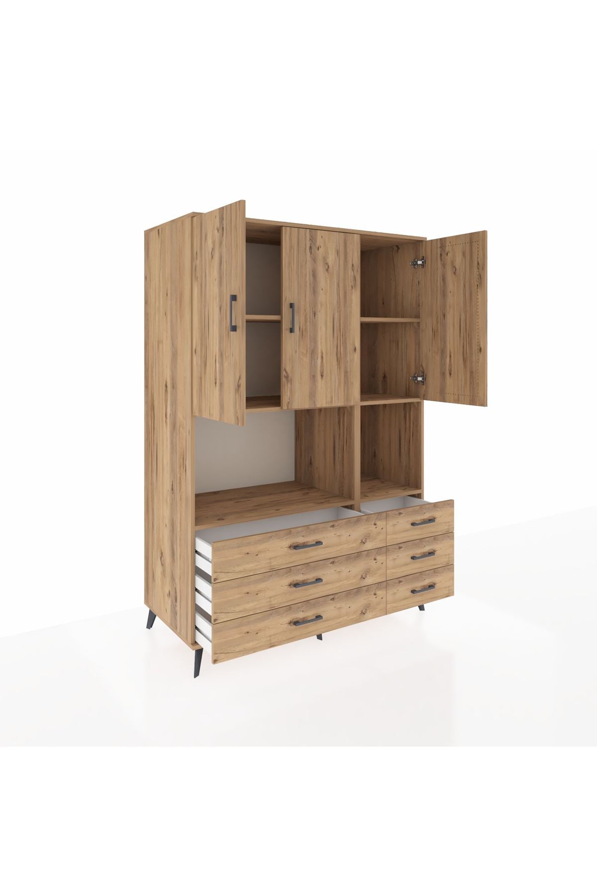 Kronos Dolap 6 Raflı 6 Çekmeceli 3 Kapaklı 132x59x195 Çam-Çam/Çam