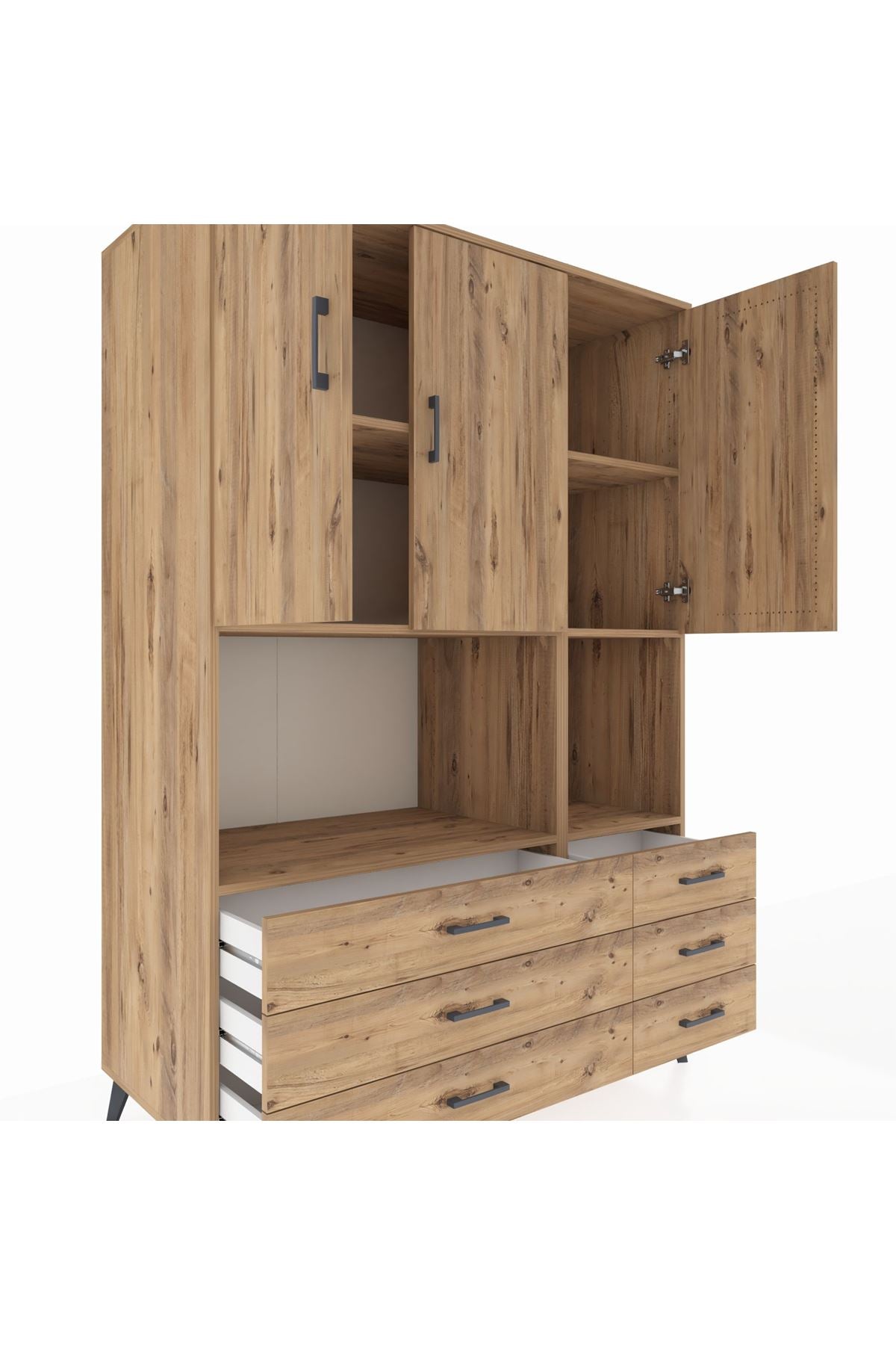 Kronos Dolap 6 Raflı 6 Çekmeceli 3 Kapaklı 132x59x195 Çam-Çam/Çam