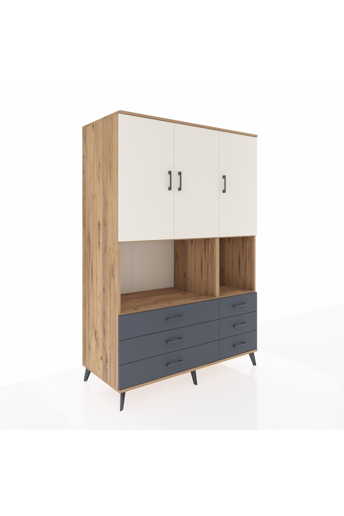 Kronos Dolap 6 Raflı 6 Çekmeceli 3 Kapaklı 132x59x195 Çam-Aytaşı/Antrasit