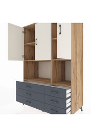 Kronos Dolap 6 Raflı 6 Çekmeceli 3 Kapaklı 132x59x195 Çam-Aytaşı/Antrasit