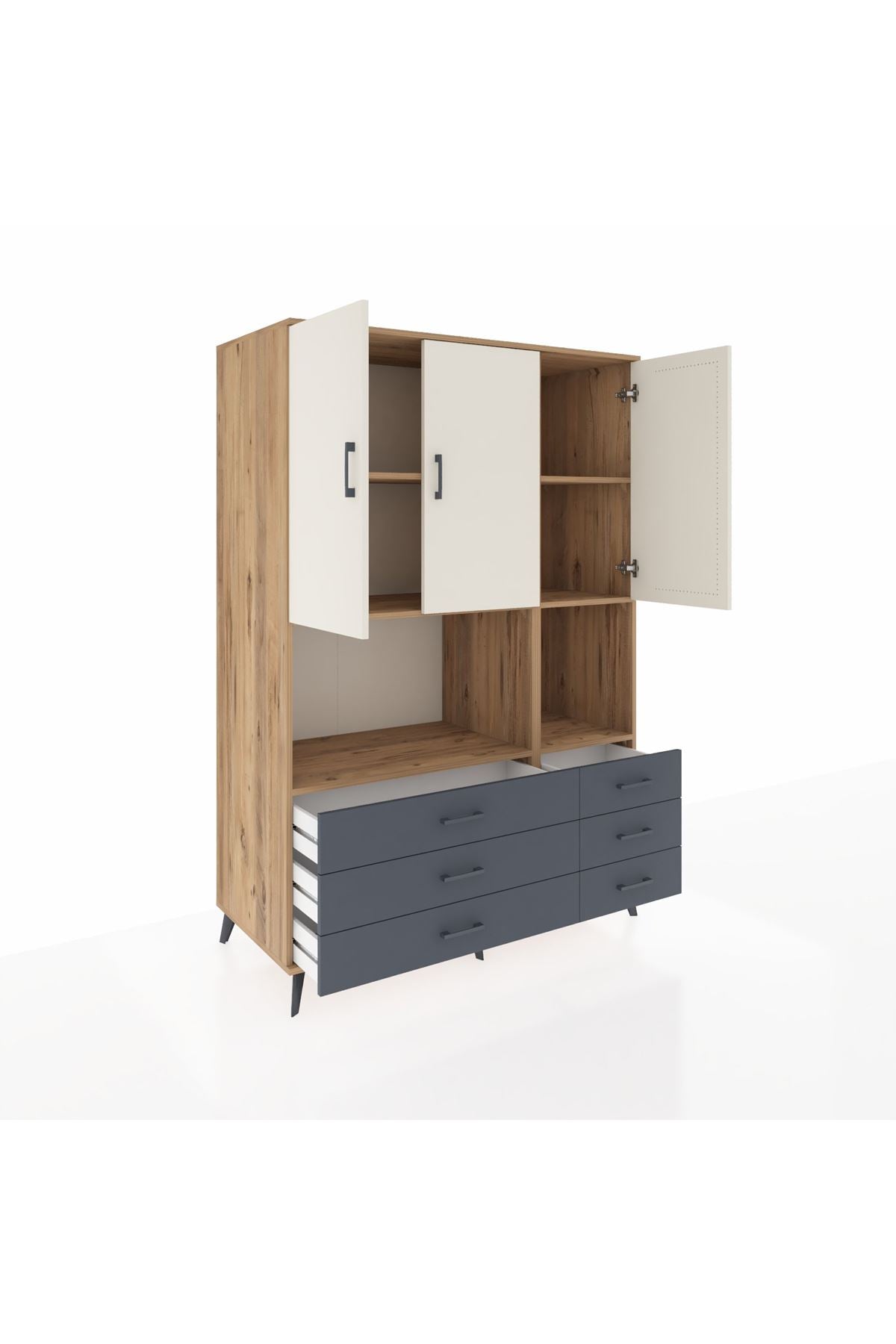 Kronos Dolap 6 Raflı 6 Çekmeceli 3 Kapaklı 132x59x195 Çam-Aytaşı/Antrasit