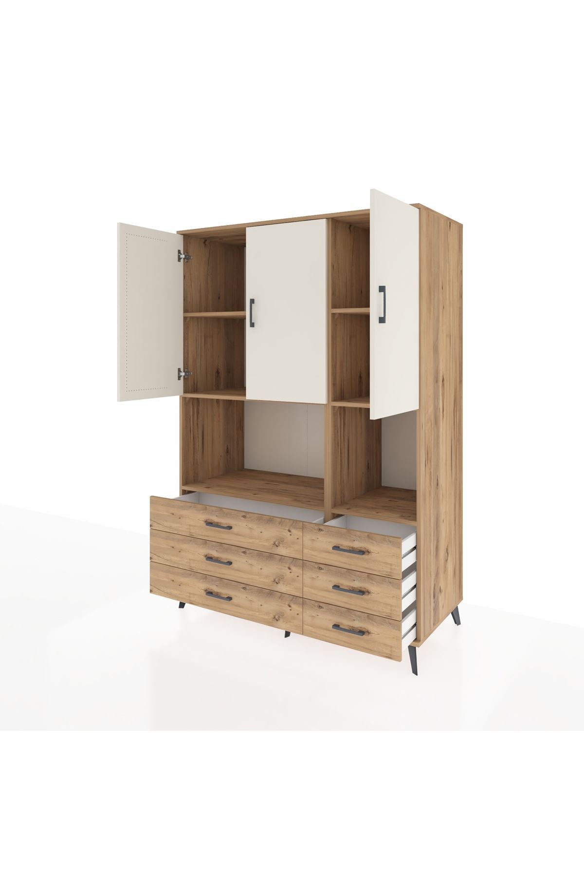 Kronos Dolap 6 Raflı 6 Çekmeceli 3 Kapaklı 132x59x195 Çam-Aytaşı/Çam