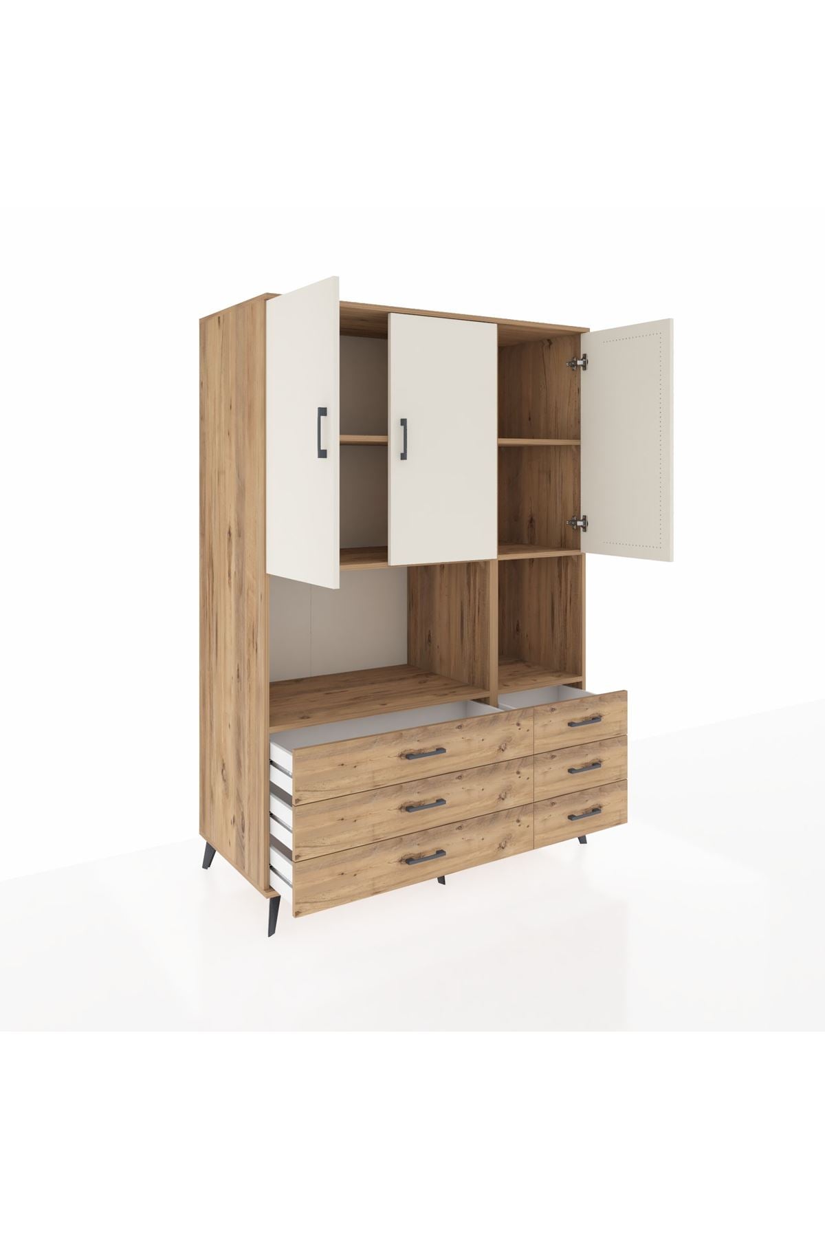 Kronos Dolap 6 Raflı 6 Çekmeceli 3 Kapaklı 132x59x195 Çam-Aytaşı/Çam