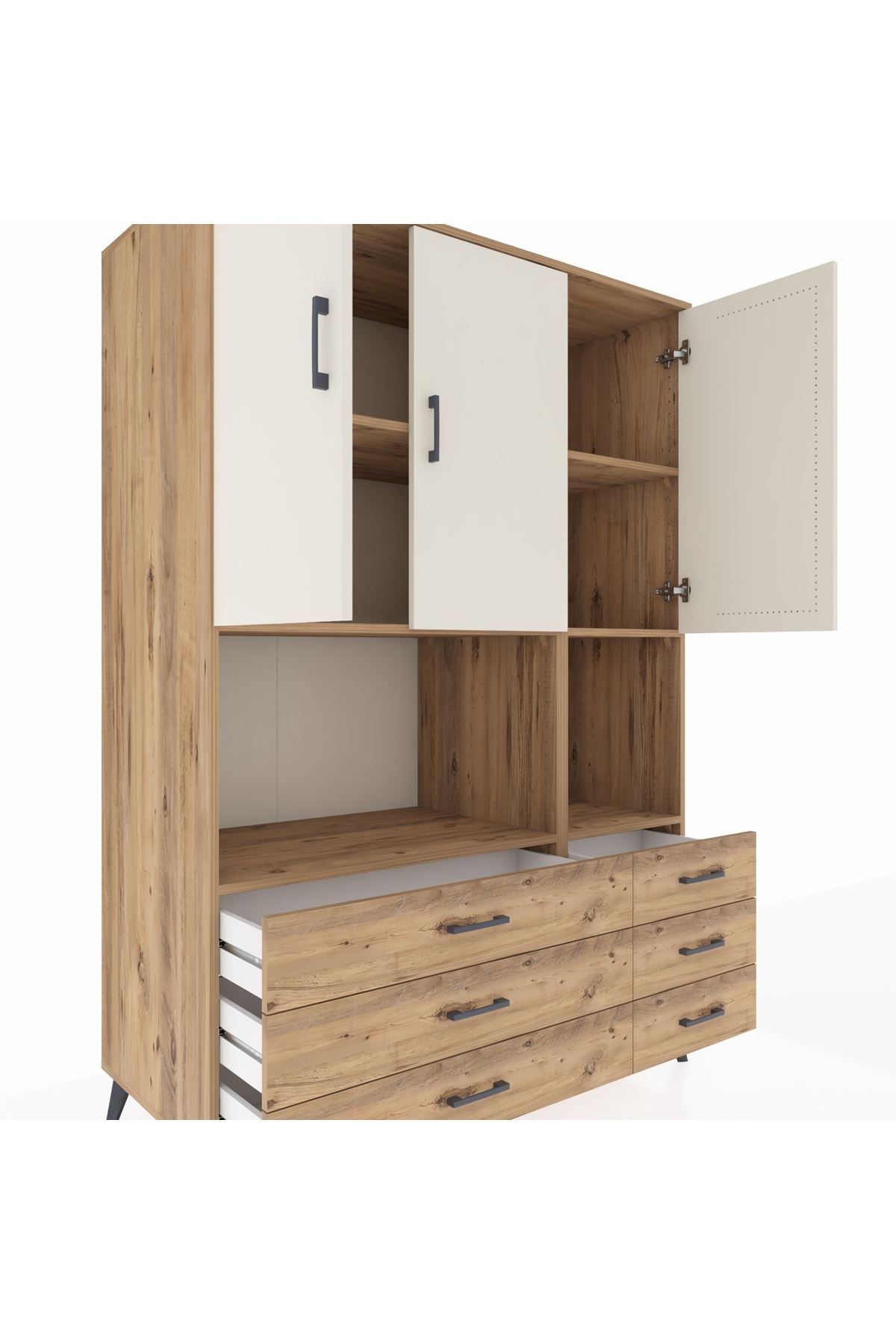 Kronos Dolap 6 Raflı 6 Çekmeceli 3 Kapaklı 132x59x195 Çam-Aytaşı/Çam