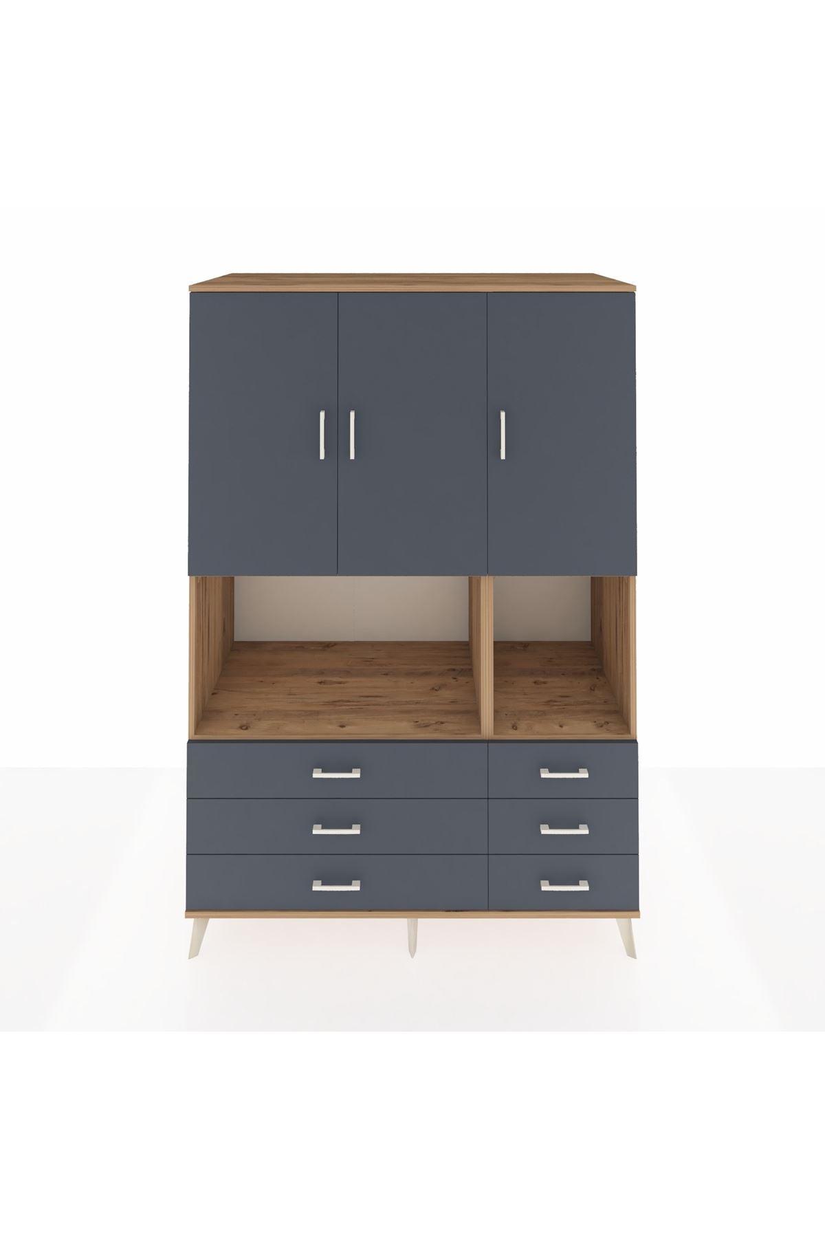 Kronos Dolap 6 Raflı 6 Çekmeceli 3 Kapaklı 132x59x195 Çam-Antrasit/Antrasit