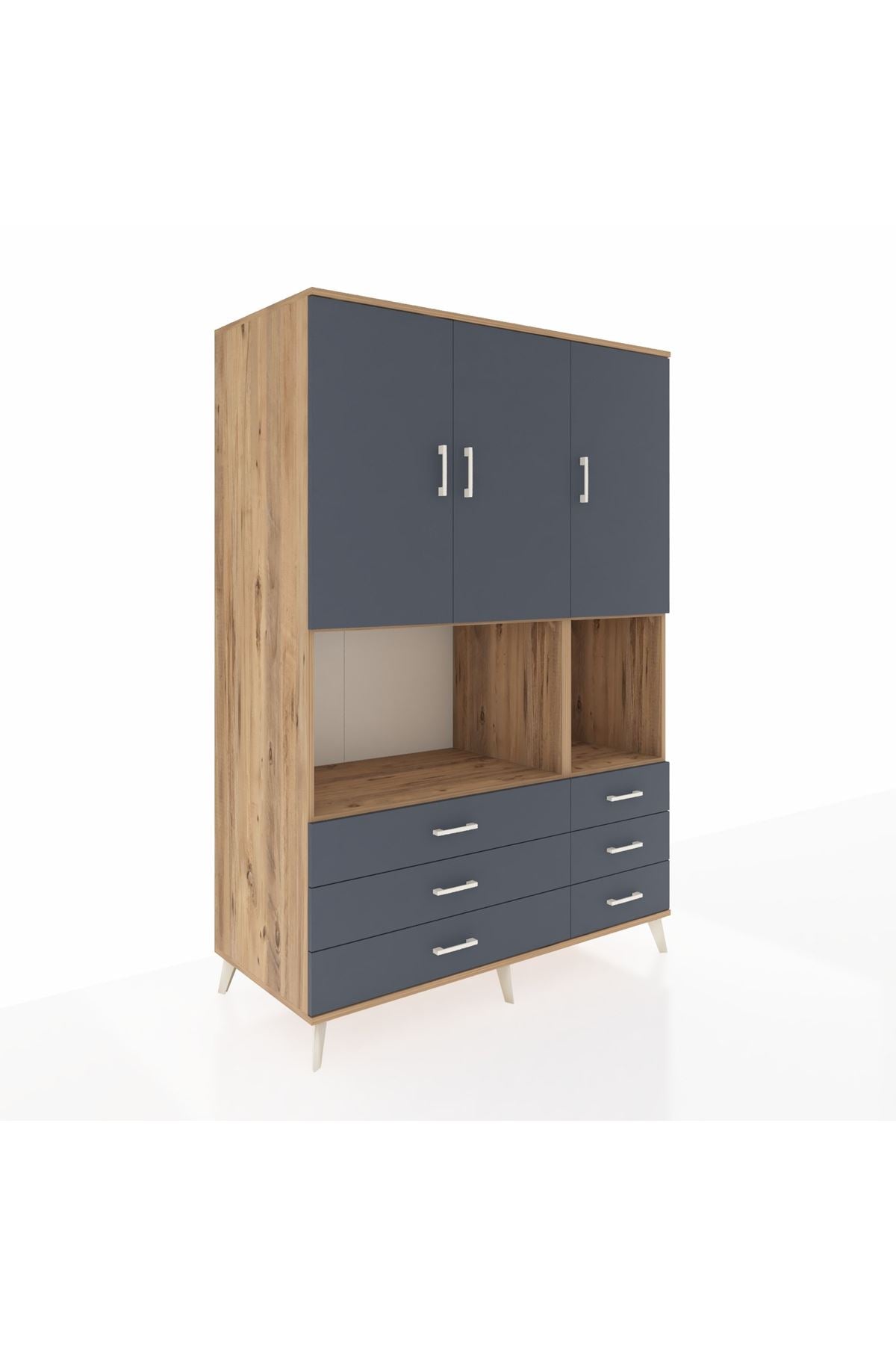 Kronos Dolap 6 Raflı 6 Çekmeceli 3 Kapaklı 132x59x195 Çam-Antrasit/Antrasit