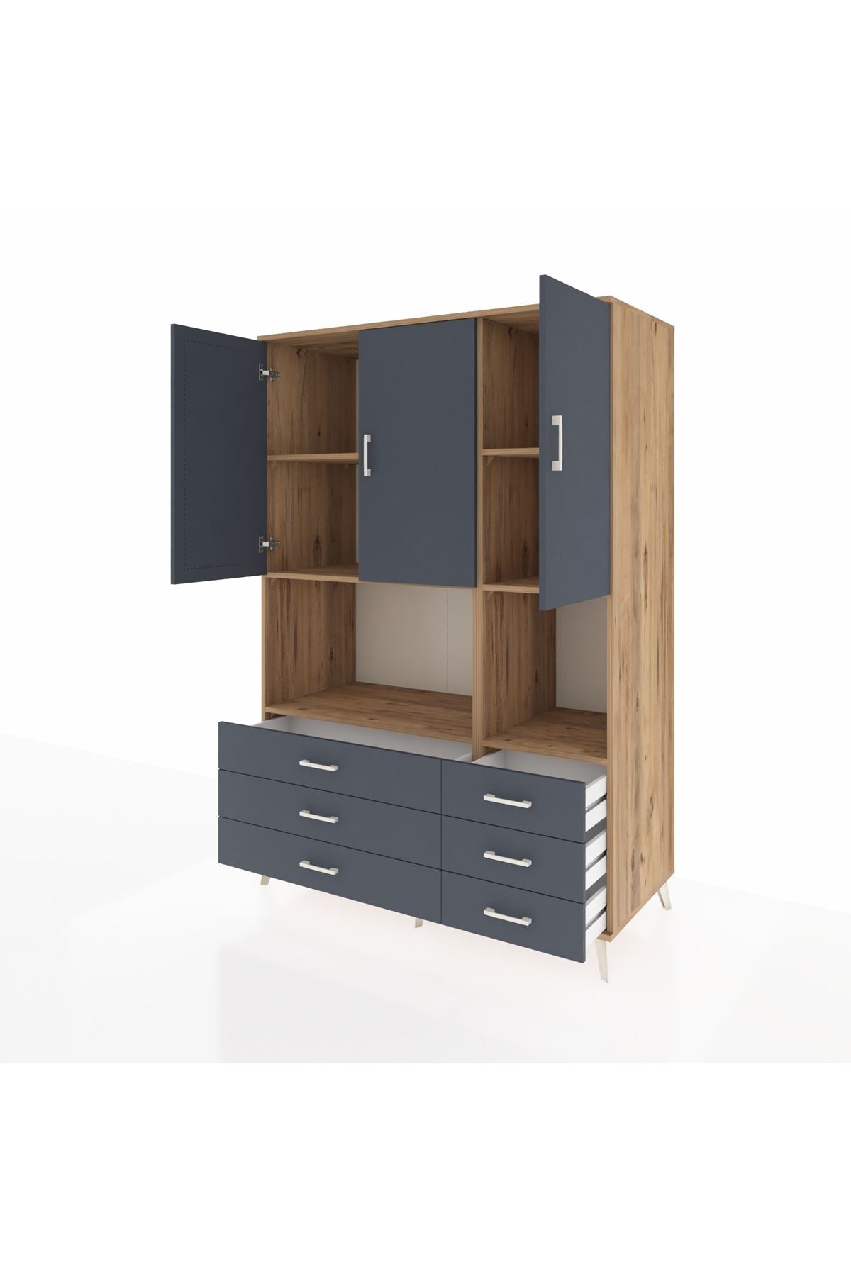 Kronos Dolap 6 Raflı 6 Çekmeceli 3 Kapaklı 132x59x195 Çam-Antrasit/Antrasit