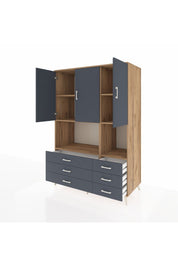 Kronos Dolap 6 Raflı 6 Çekmeceli 3 Kapaklı 132x59x195 Çam-Antrasit/Antrasit