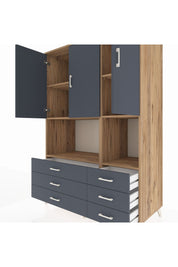 Kronos Dolap 6 Raflı 6 Çekmeceli 3 Kapaklı 132x59x195 Çam-Antrasit/Antrasit