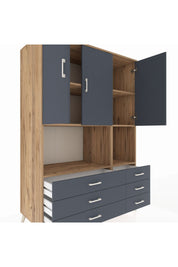 Kronos Dolap 6 Raflı 6 Çekmeceli 3 Kapaklı 132x59x195 Çam-Antrasit/Antrasit