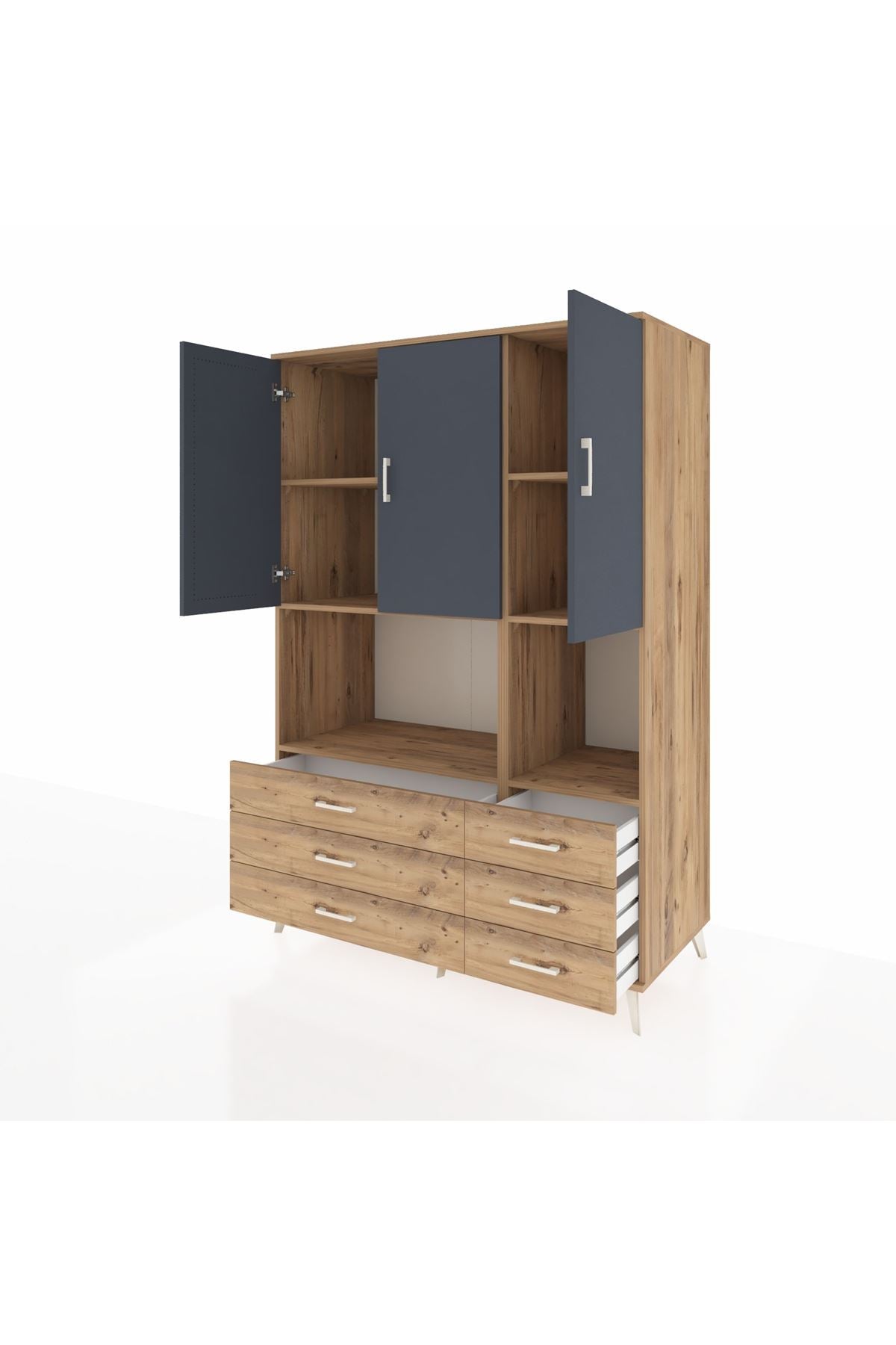 Kronos Dolap 6 Raflı 6 Çekmeceli 3 Kapaklı 132x59x195 Çam-Antrasit/Çam