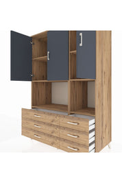 Kronos Dolap 6 Raflı 6 Çekmeceli 3 Kapaklı 132x59x195 Çam-Antrasit/Çam