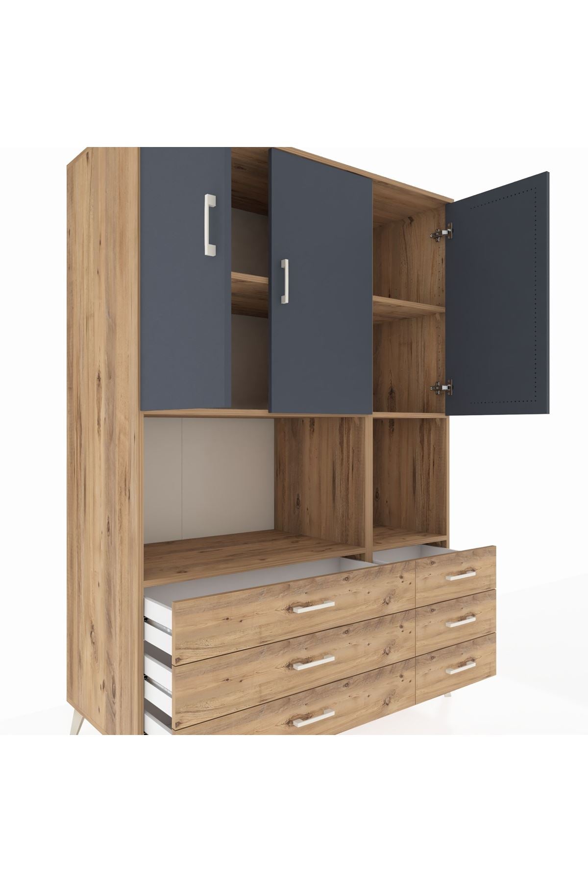 Kronos Dolap 6 Raflı 6 Çekmeceli 3 Kapaklı 132x59x195 Çam-Antrasit/Çam