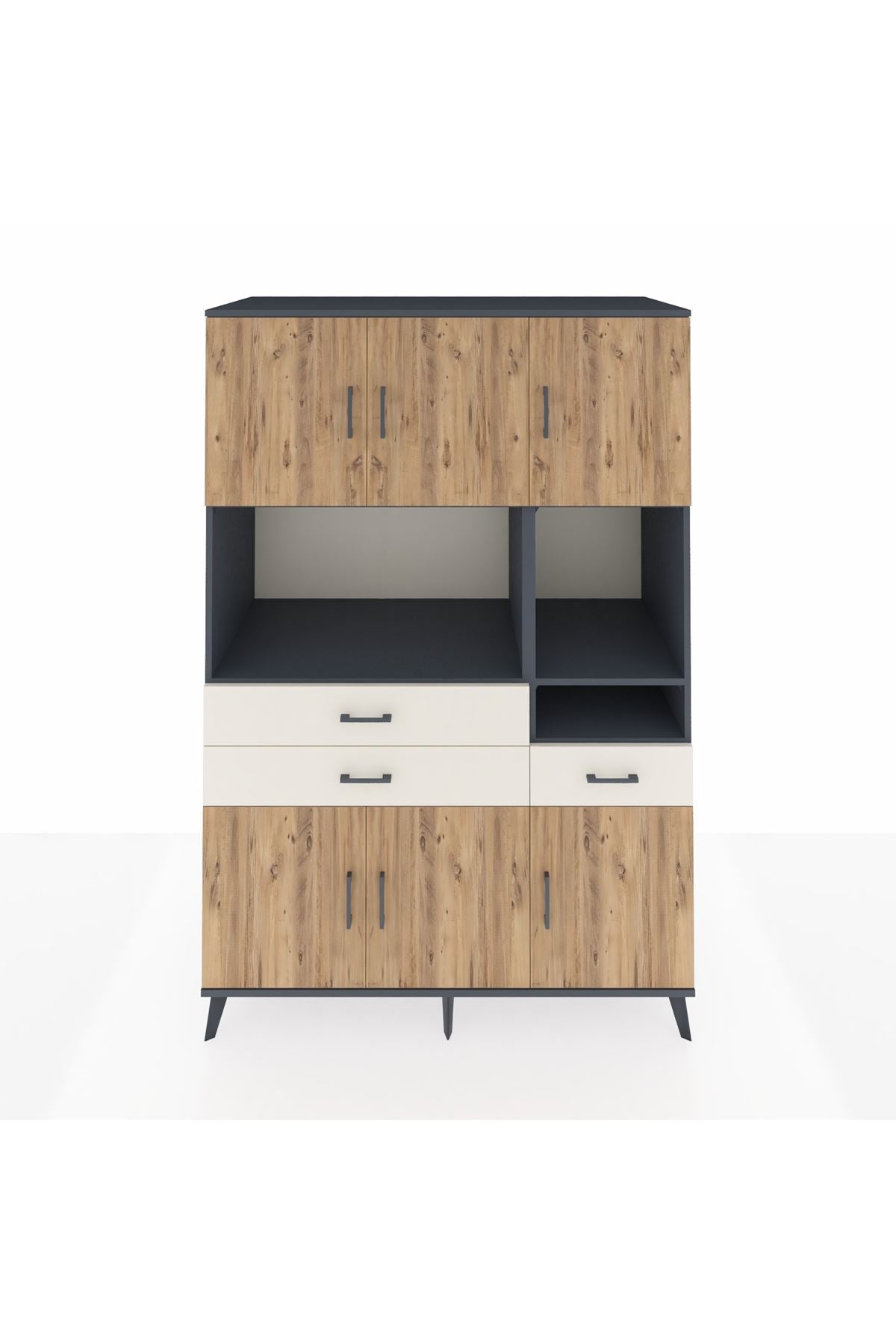 Kronos Dolap 9 Raflı 3 Çekmeceli 6 Kapaklı 132x59x195 Antrasit-Çam/Aytaşı