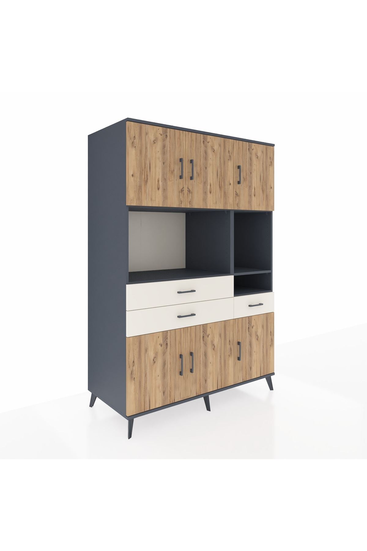 Kronos Dolap 9 Raflı 3 Çekmeceli 6 Kapaklı 132x59x195 Antrasit-Çam/Aytaşı