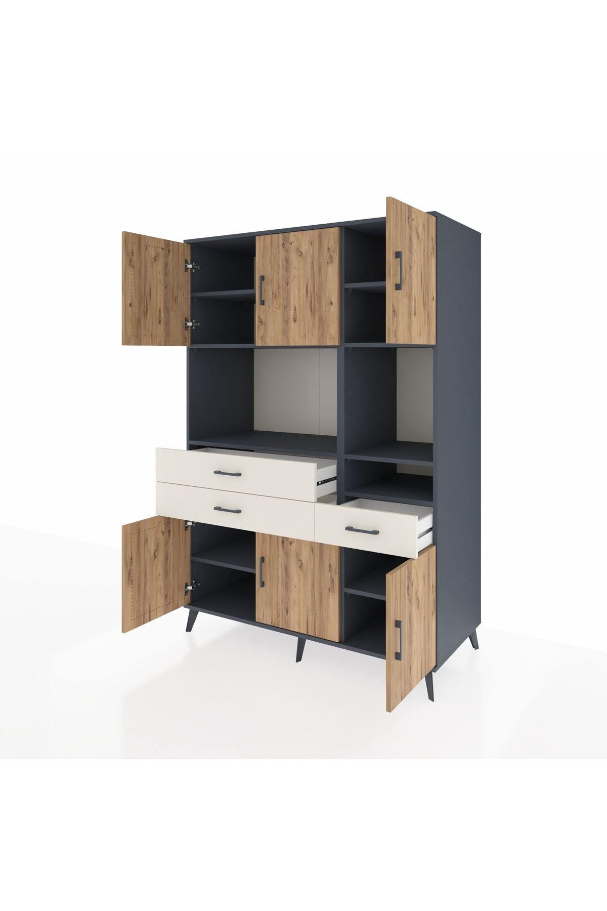 Kronos Dolap 9 Raflı 3 Çekmeceli 6 Kapaklı 132x59x195 Antrasit-Çam/Aytaşı