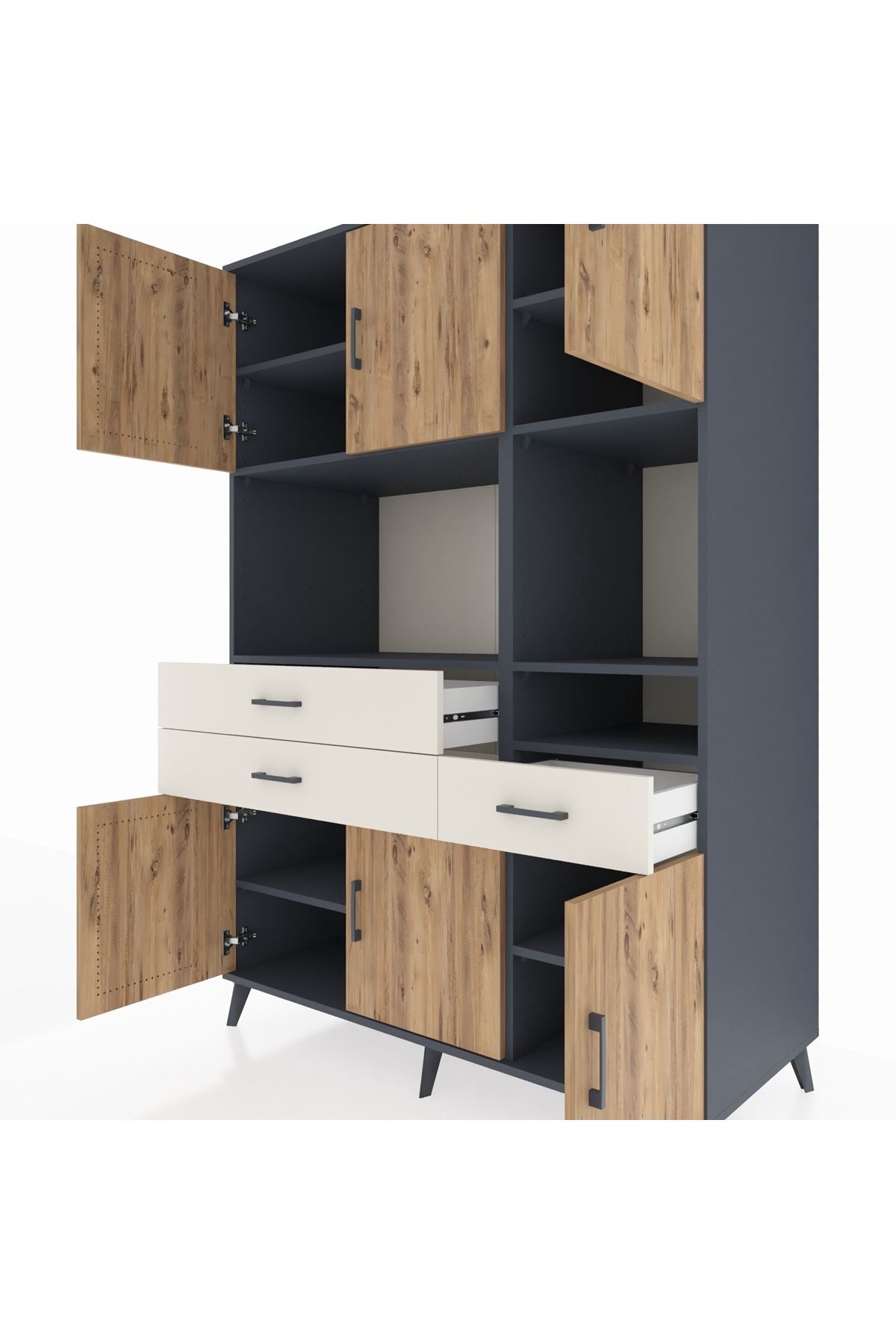 Kronos Dolap 9 Raflı 3 Çekmeceli 6 Kapaklı 132x59x195 Antrasit-Çam/Aytaşı