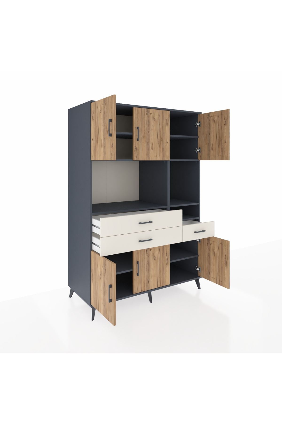 Kronos Dolap 9 Raflı 3 Çekmeceli 6 Kapaklı 132x59x195 Antrasit-Çam/Aytaşı