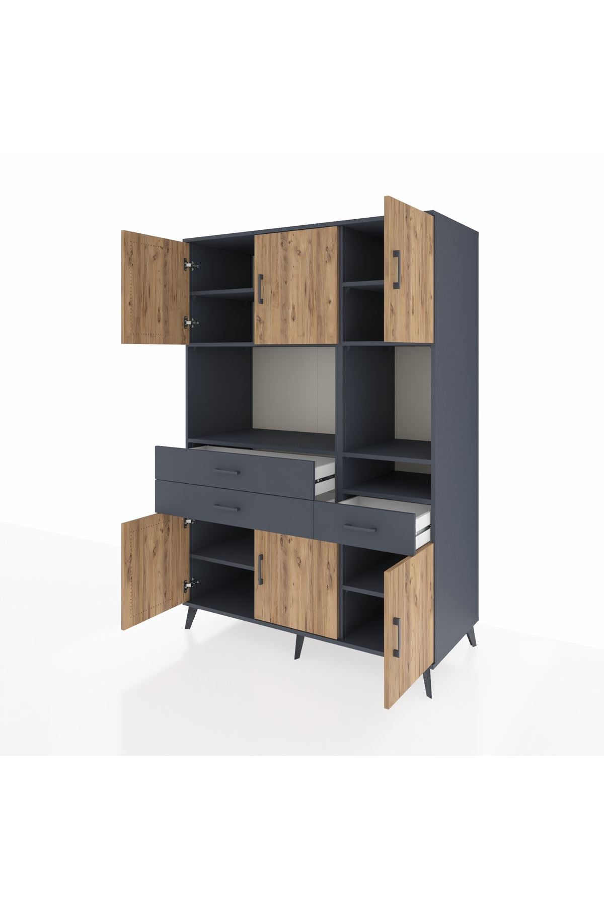Kronos Dolap 9 Raflı 3 Çekmeceli 6 Kapaklı 132x59x195 Antrasit-Çam/Antrasit