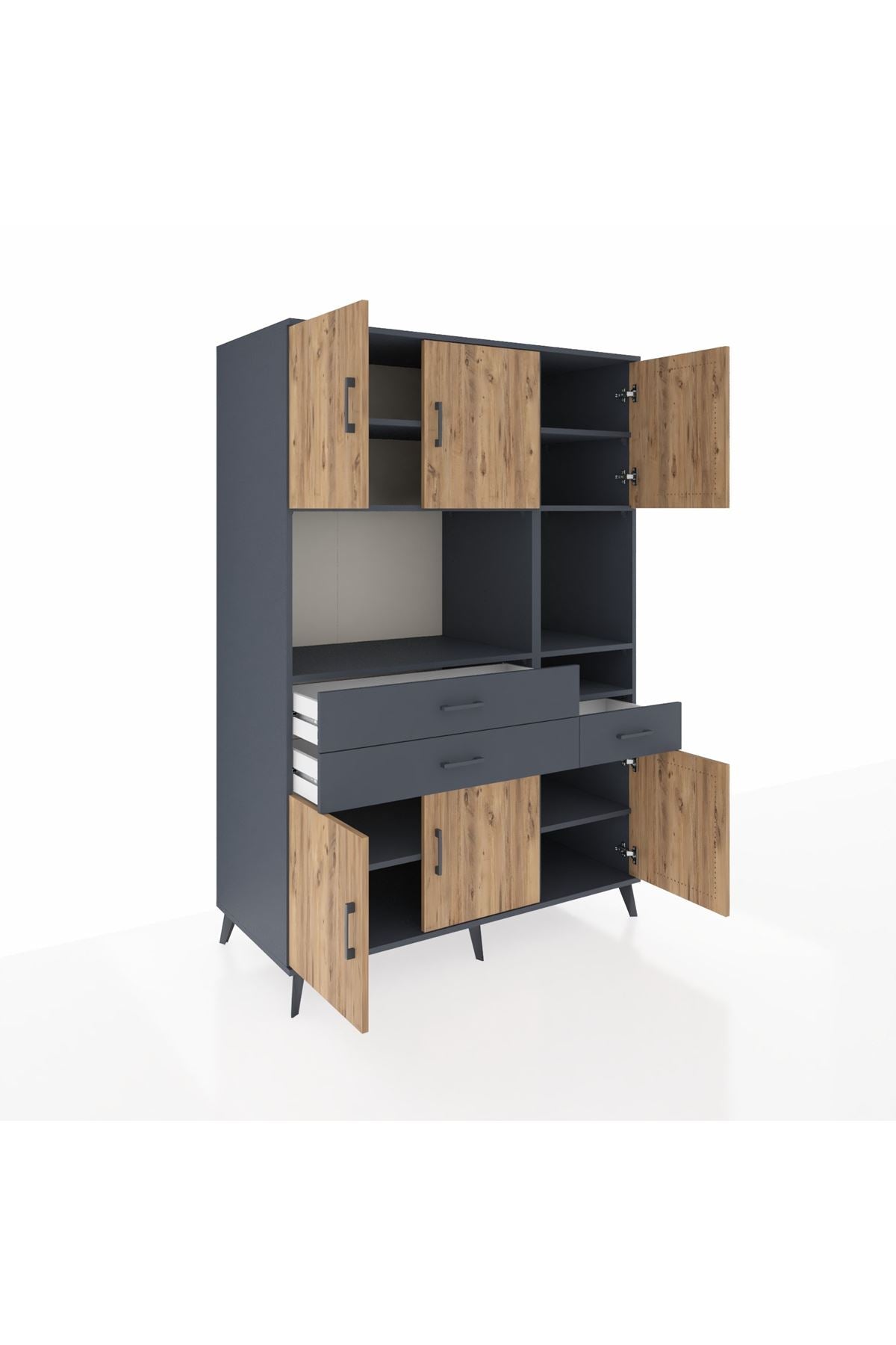Kronos Dolap 9 Raflı 3 Çekmeceli 6 Kapaklı 132x59x195 Antrasit-Çam/Antrasit