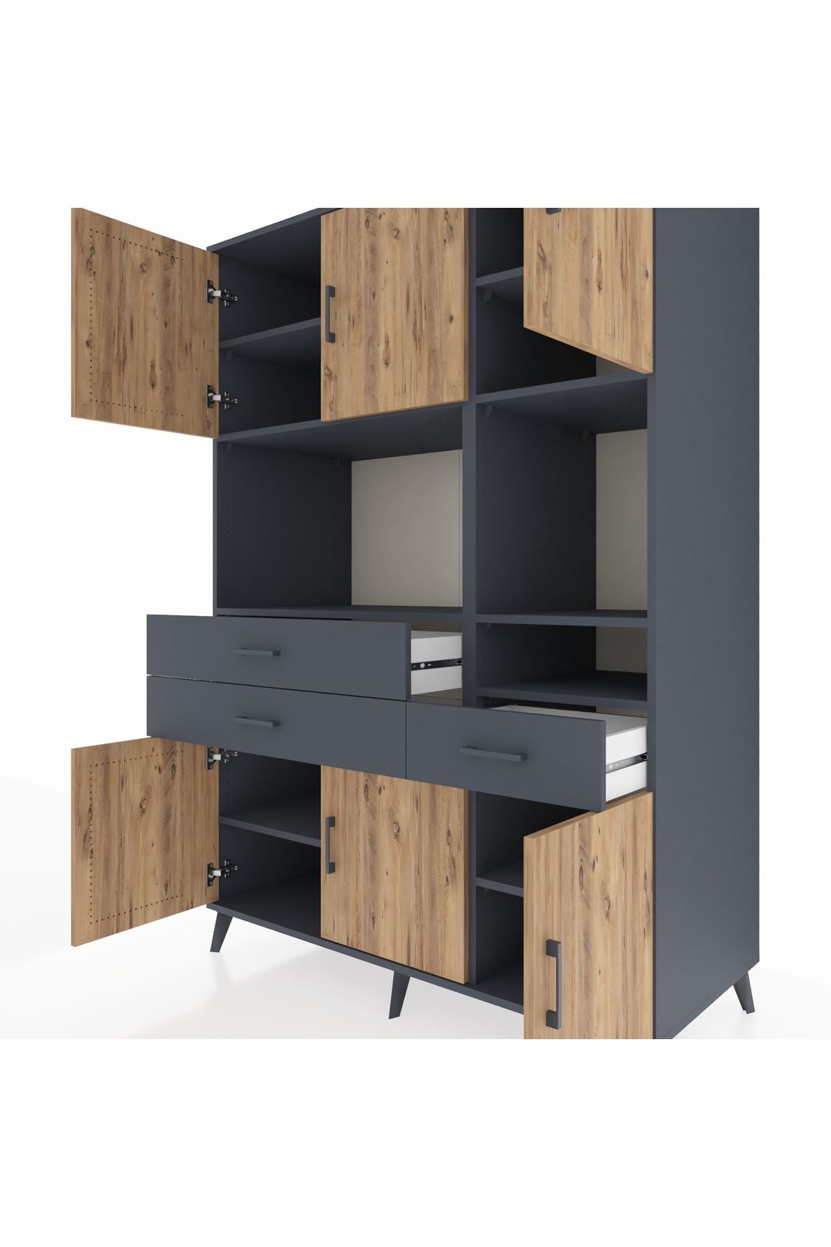 Kronos Dolap 9 Raflı 3 Çekmeceli 6 Kapaklı 132x59x195 Antrasit-Çam/Antrasit