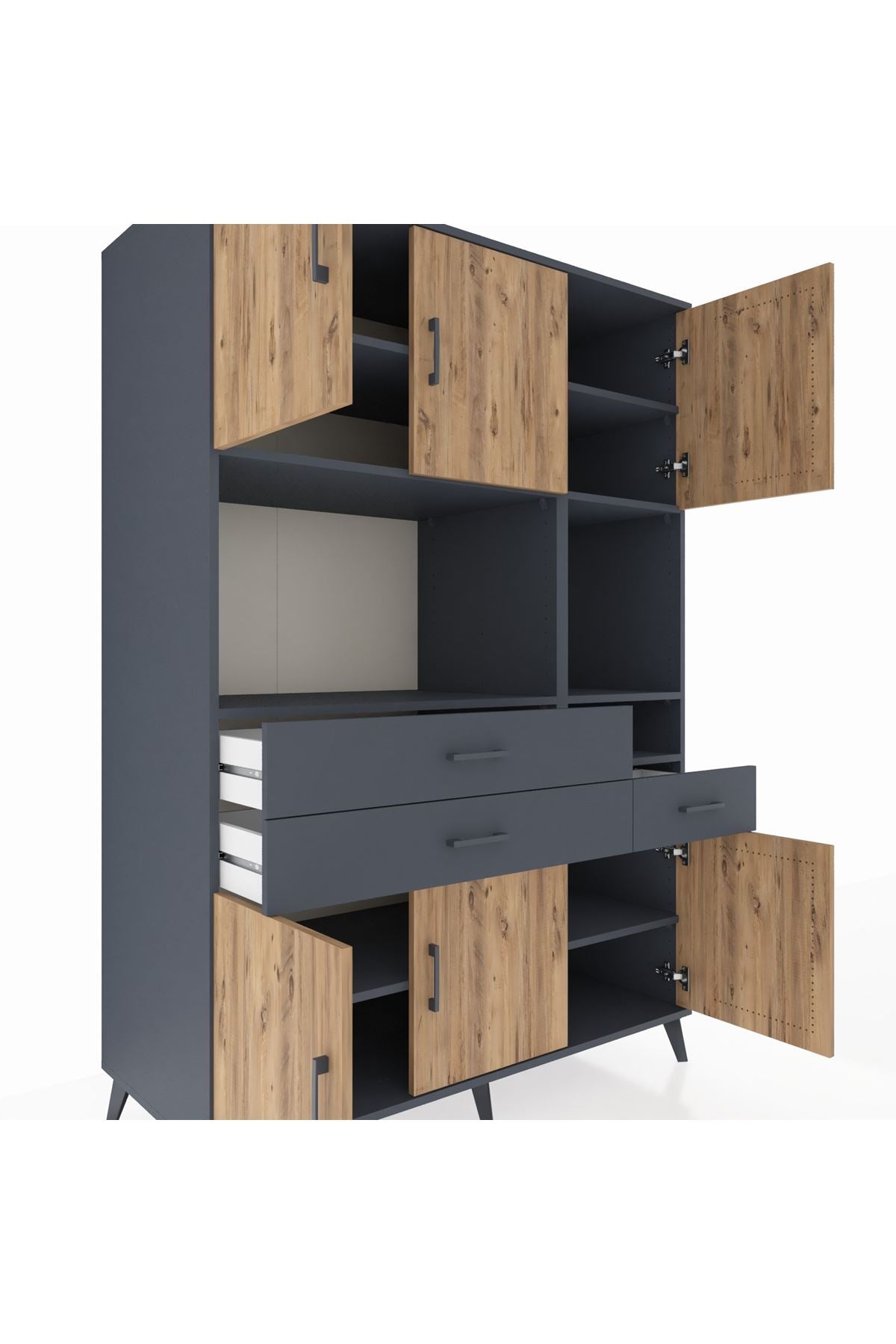 Kronos Dolap 9 Raflı 3 Çekmeceli 6 Kapaklı 132x59x195 Antrasit-Çam/Antrasit