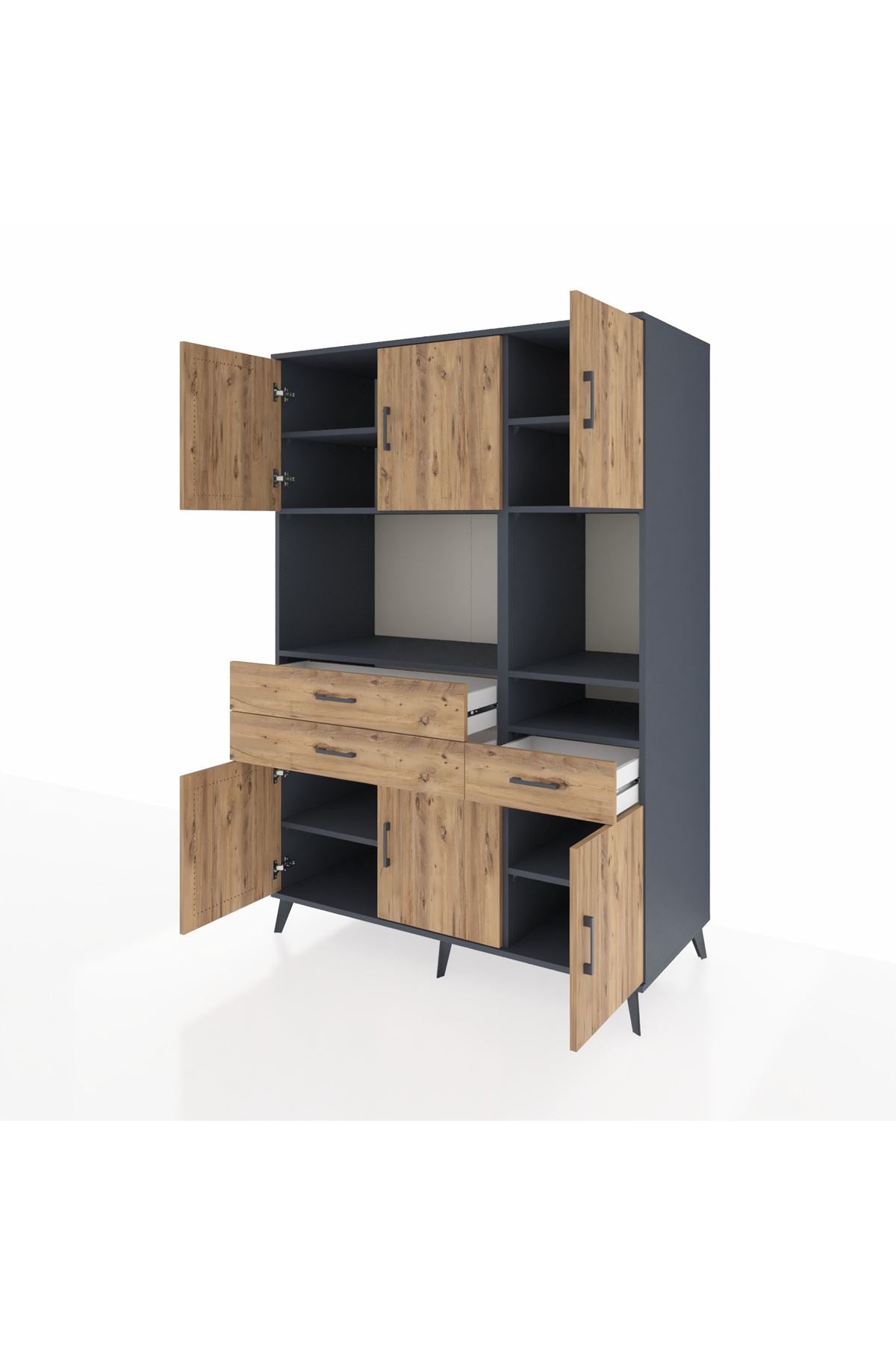 Kronos Dolap 9 Raflı 3 Çekmeceli 6 Kapaklı 132x59x195 Antrasit-Çam/Çam