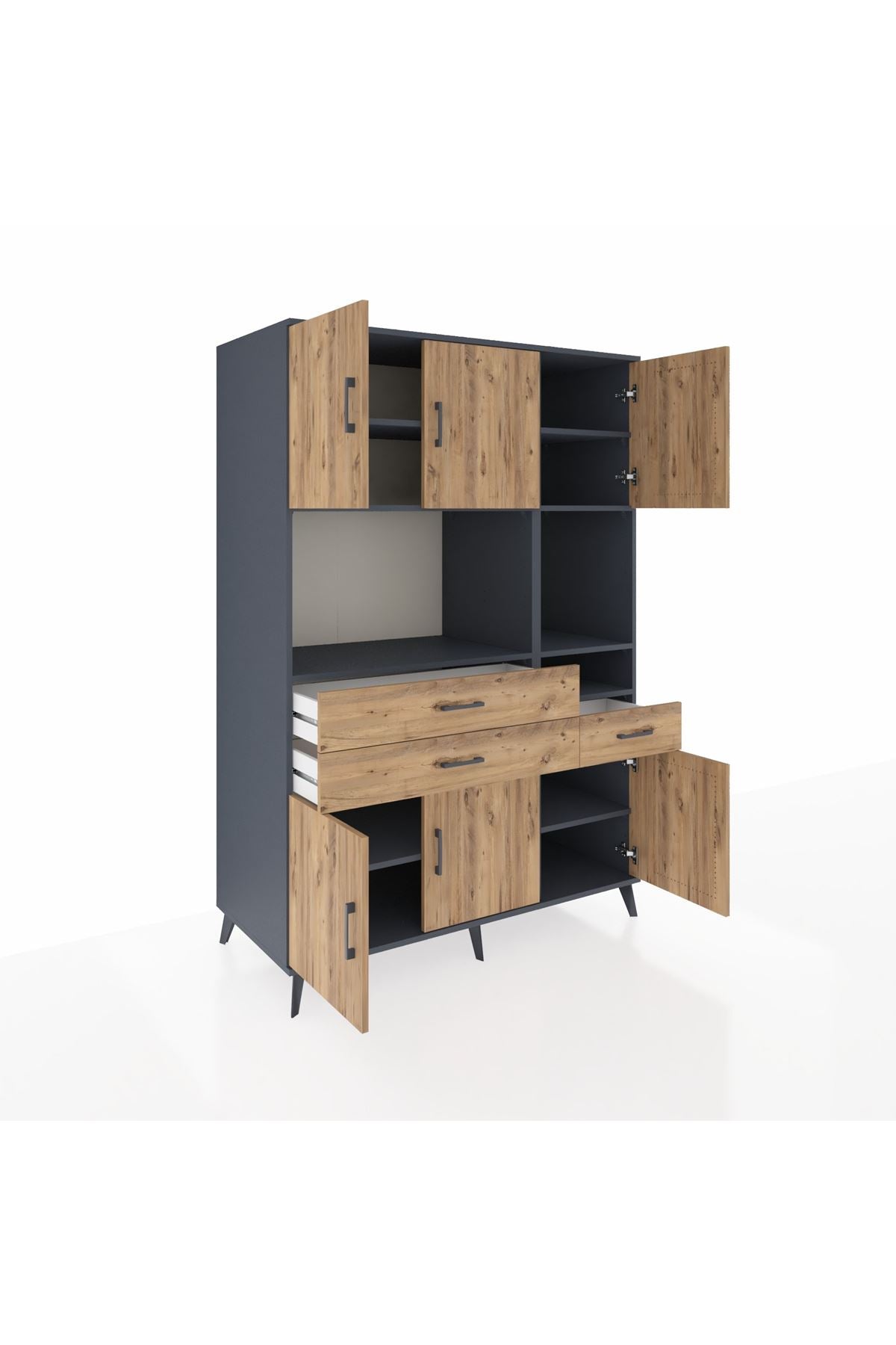 Kronos Dolap 9 Raflı 3 Çekmeceli 6 Kapaklı 132x59x195 Antrasit-Çam/Çam