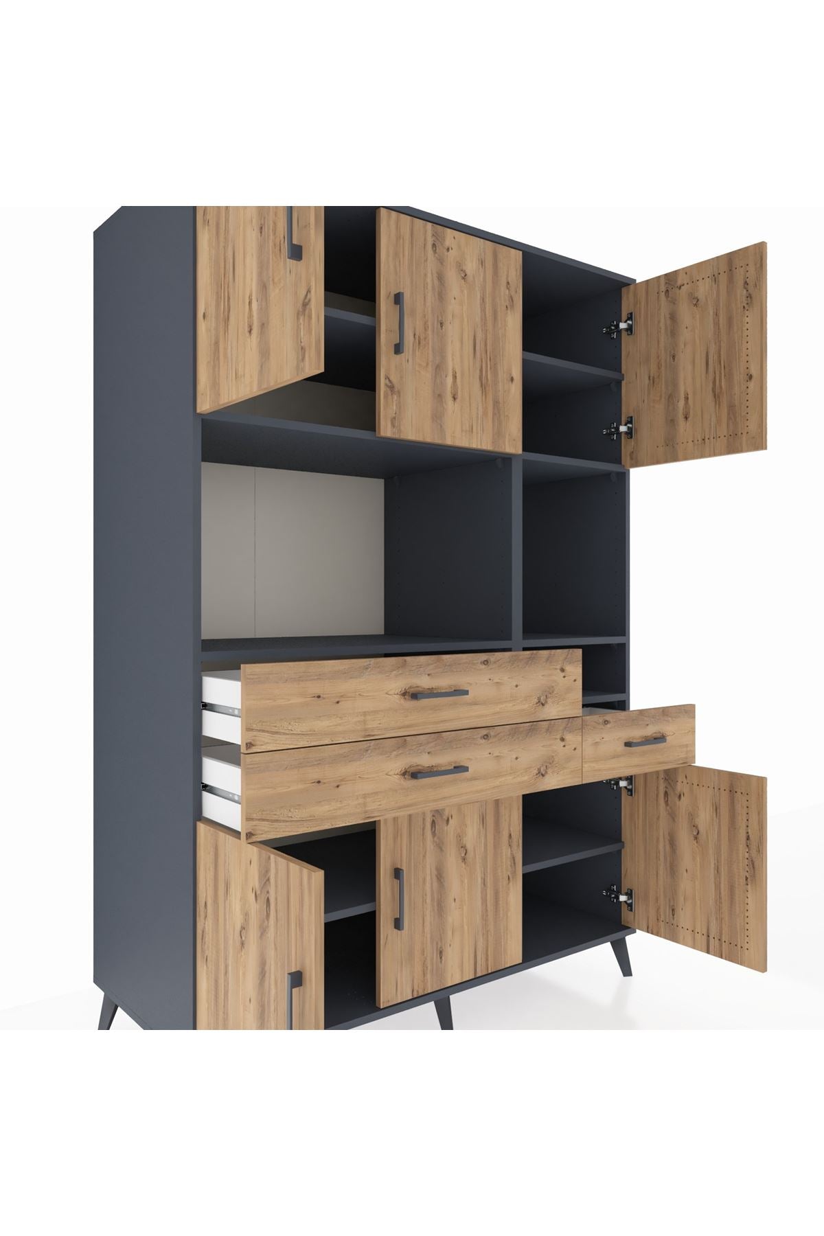 Kronos Dolap 9 Raflı 3 Çekmeceli 6 Kapaklı 132x59x195 Antrasit-Çam/Çam