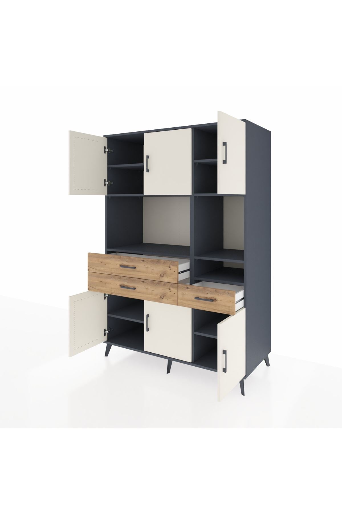 Kronos Dolap 9 Raflı 3 Çekmeceli 6 Kapaklı 132x59x195 Antrasit-Aytaşı/Çam