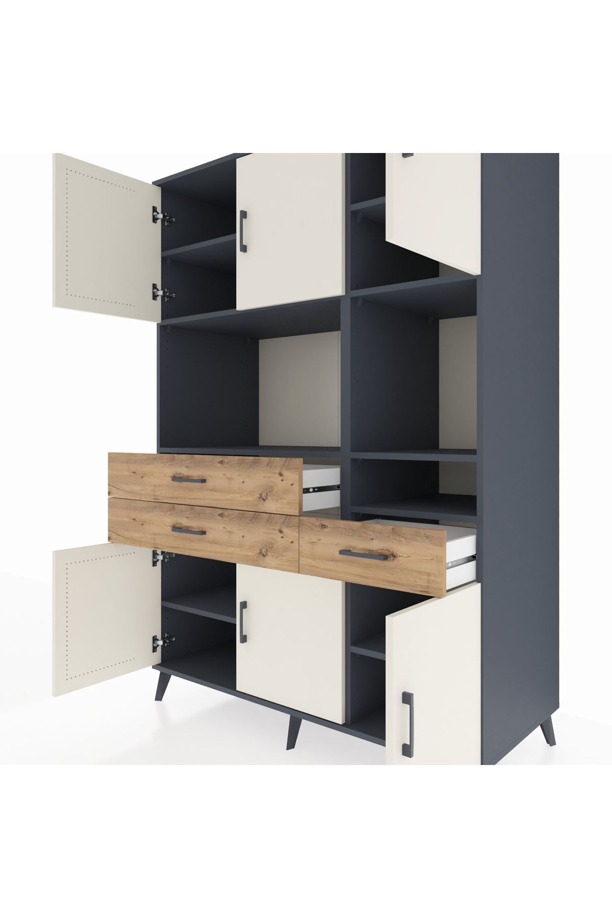 Kronos Dolap 9 Raflı 3 Çekmeceli 6 Kapaklı 132x59x195 Antrasit-Aytaşı/Çam