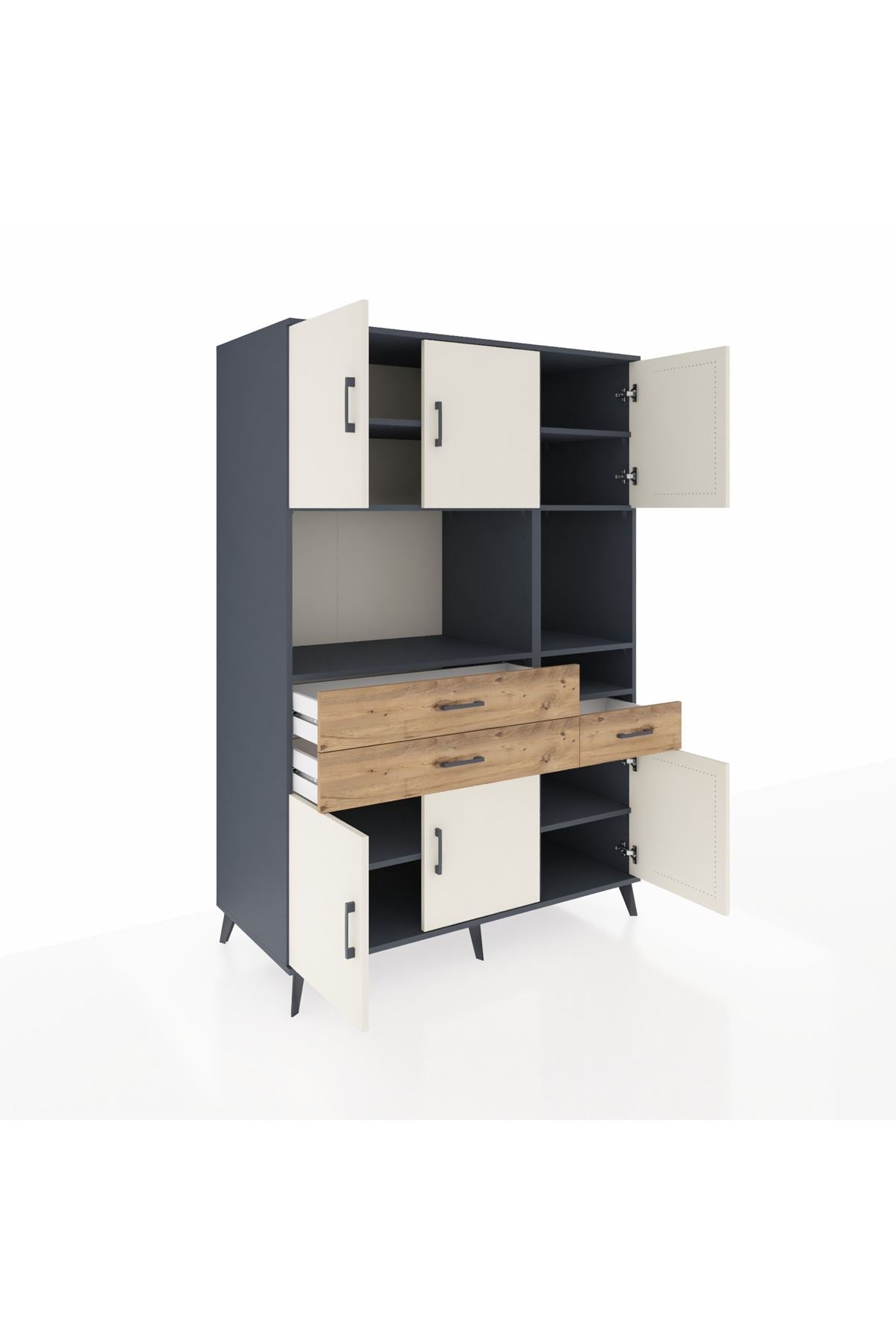 Kronos Dolap 9 Raflı 3 Çekmeceli 6 Kapaklı 132x59x195 Antrasit-Aytaşı/Çam