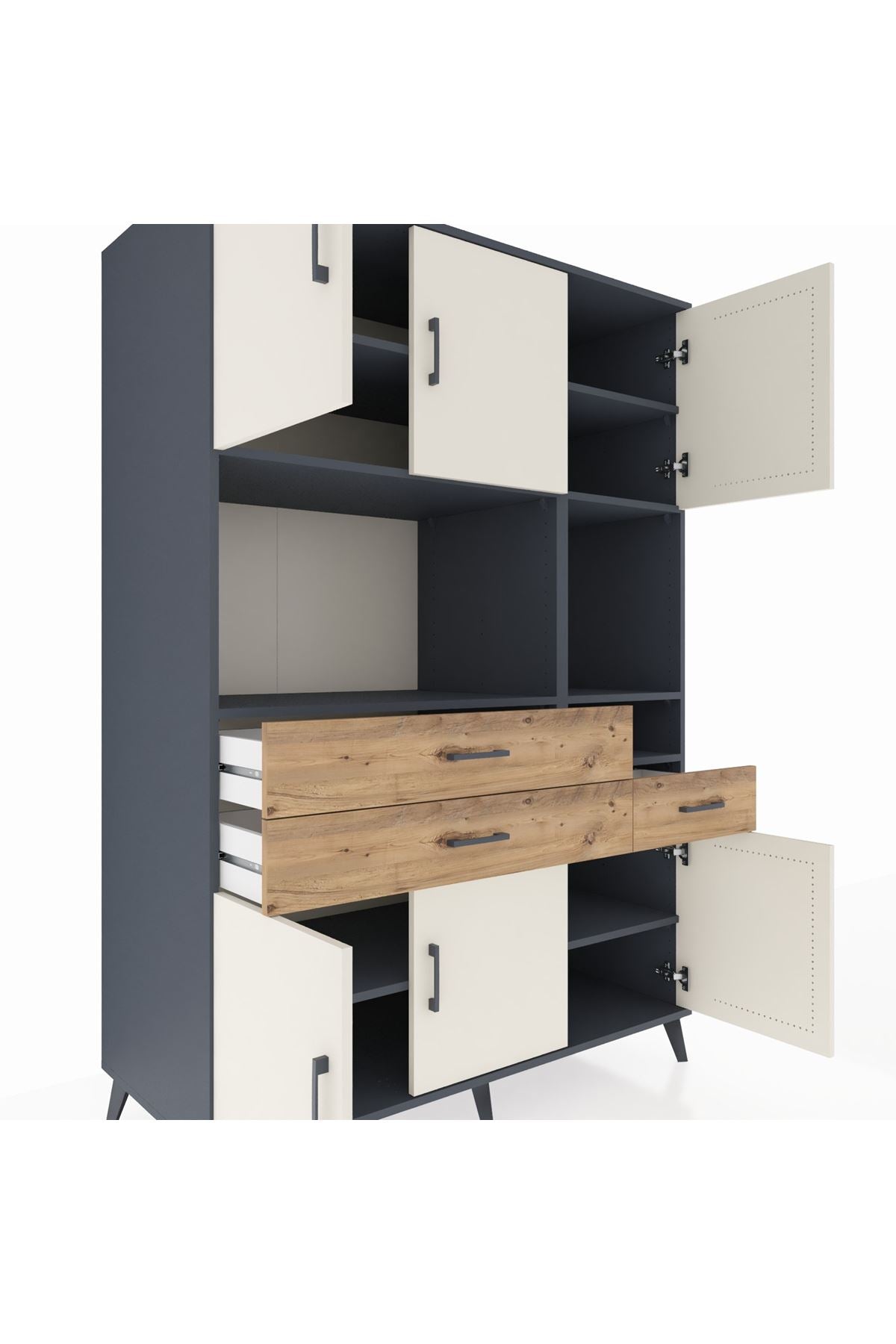 Kronos Dolap 9 Raflı 3 Çekmeceli 6 Kapaklı 132x59x195 Antrasit-Aytaşı/Çam