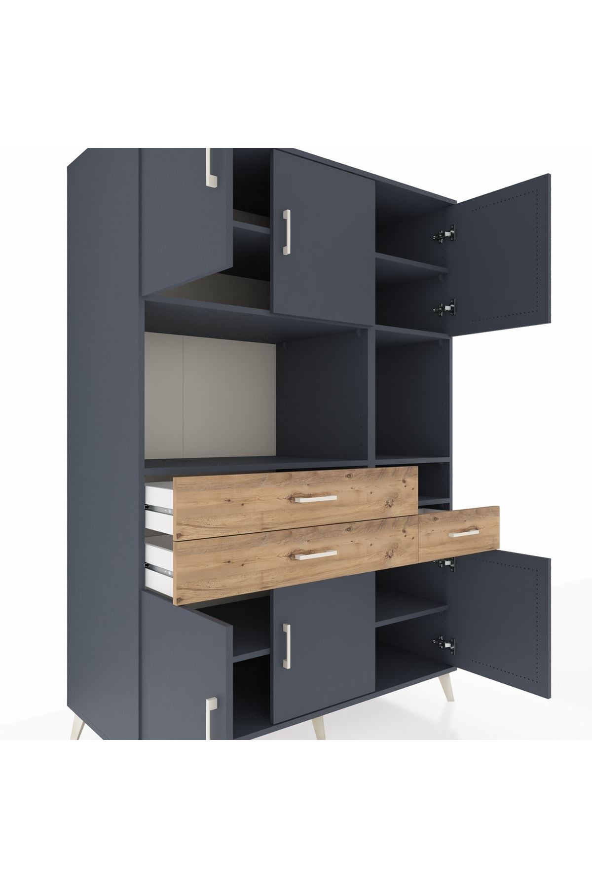 Kronos Dolap 9 Raflı 3 Çekmeceli 6 Kapaklı 132x59x195 Antrasit-Antrasit/Çam