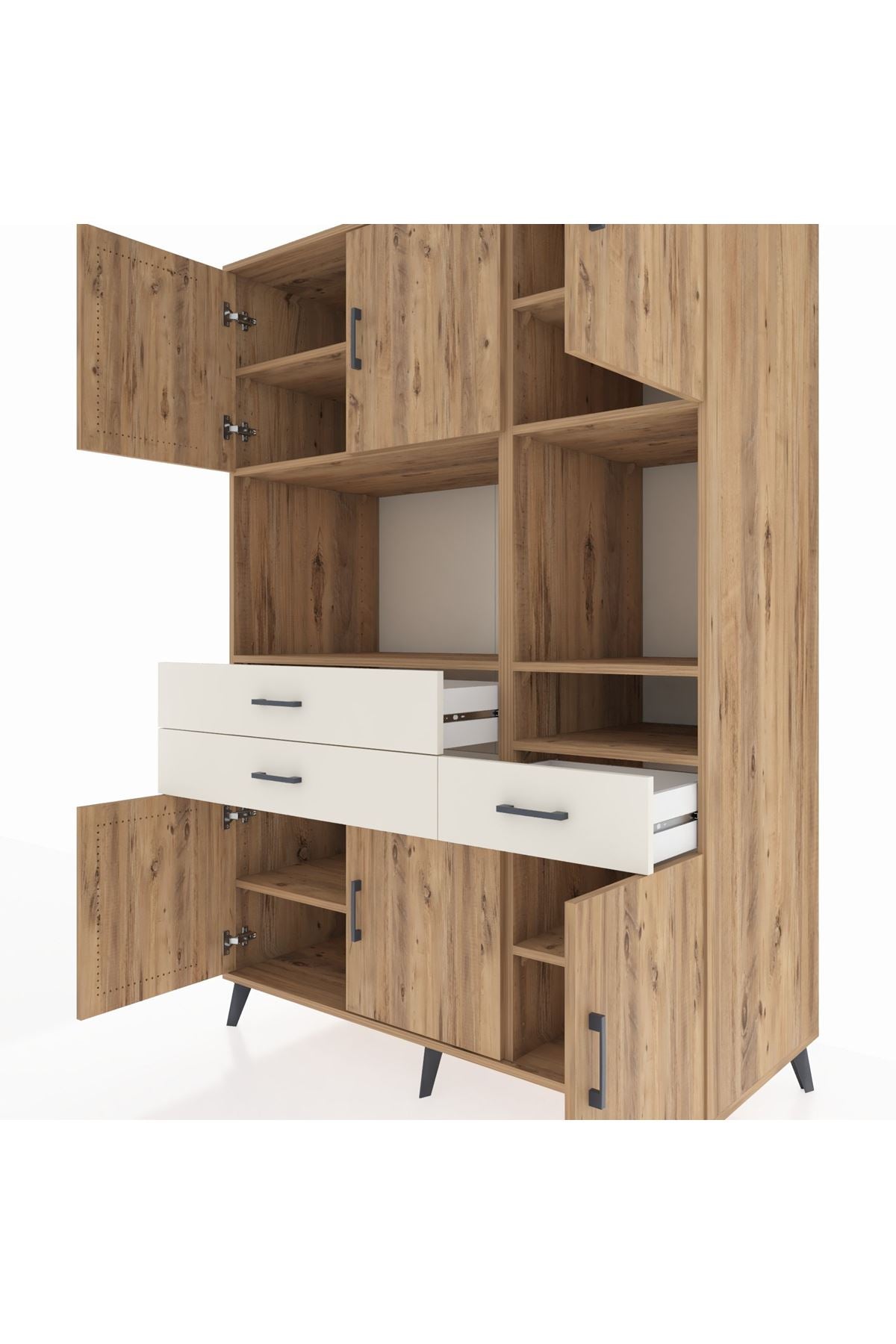 Kronos Dolap 9 Raflı 3 Çekmeceli 6 Kapaklı 132x59x195 Çam-Çam/Aytaşı