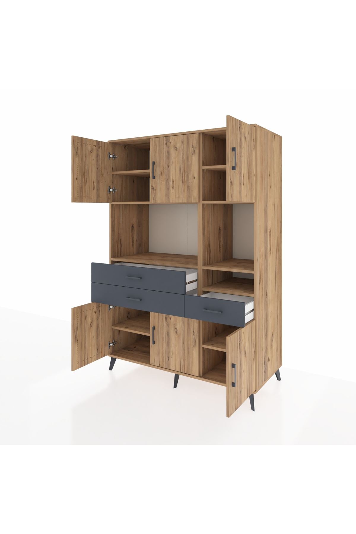 Kronos Dolap 9 Raflı 3 Çekmeceli 6 Kapaklı 132x59x195 Çam-Çam/Antrasit