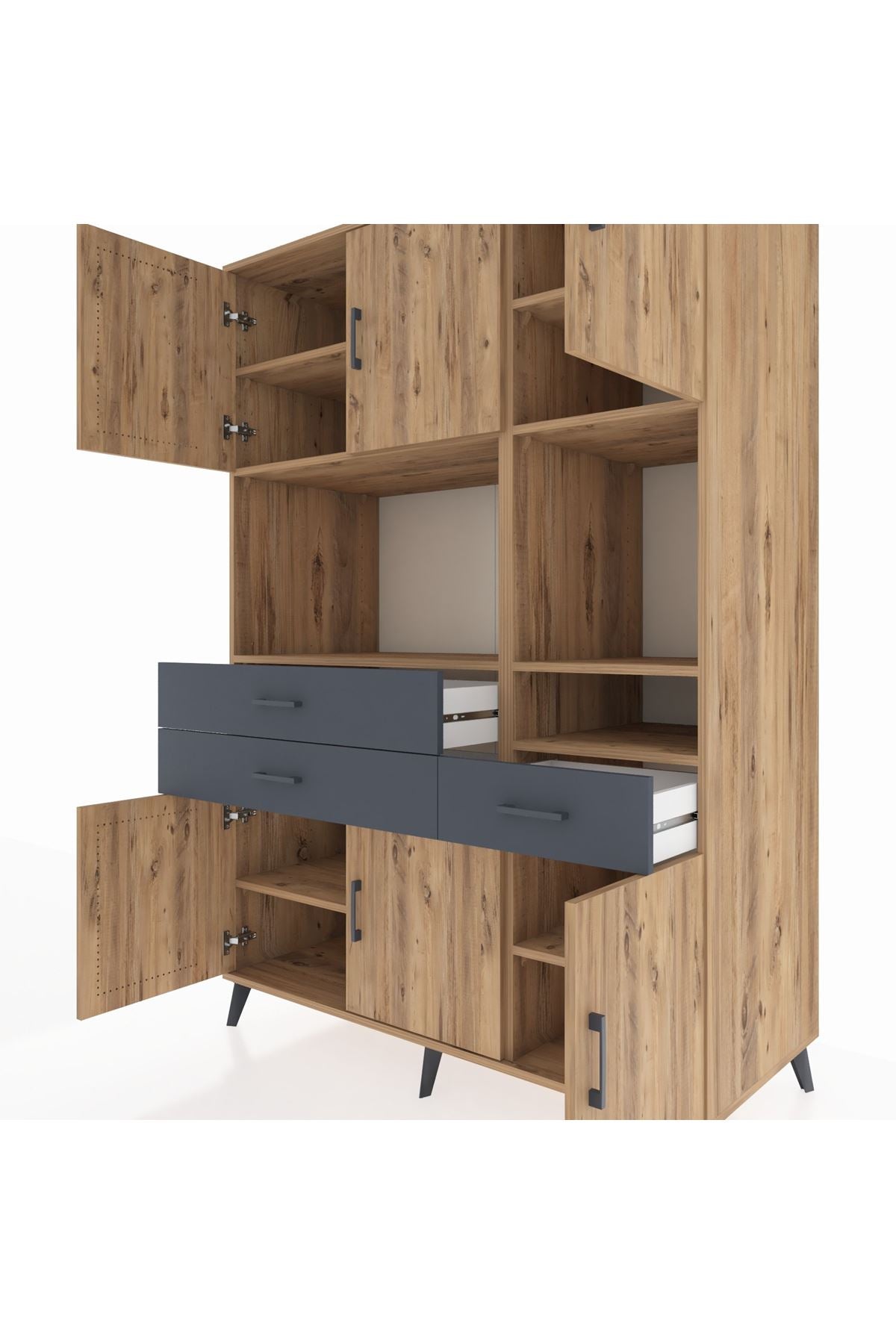 Kronos Dolap 9 Raflı 3 Çekmeceli 6 Kapaklı 132x59x195 Çam-Çam/Antrasit