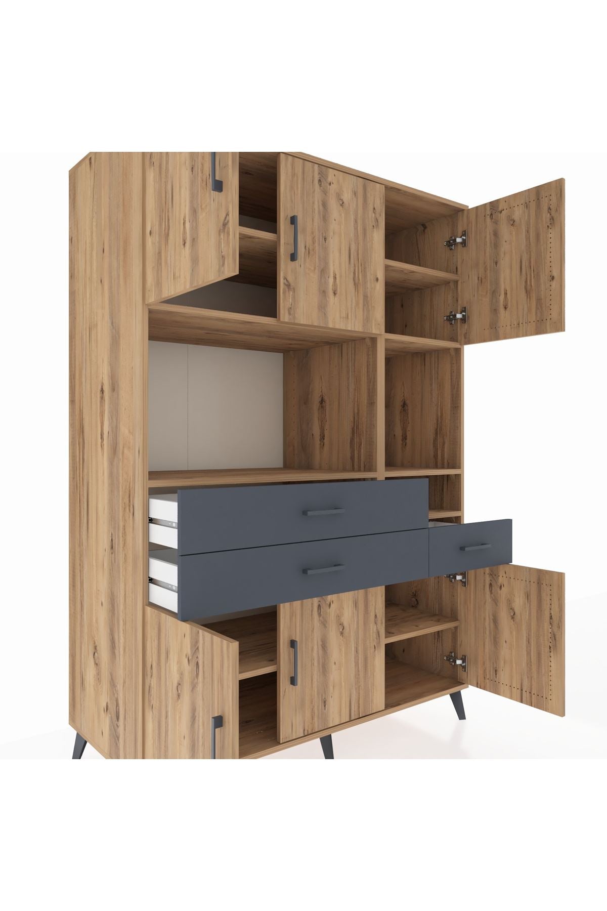 Kronos Dolap 9 Raflı 3 Çekmeceli 6 Kapaklı 132x59x195 Çam-Çam/Antrasit