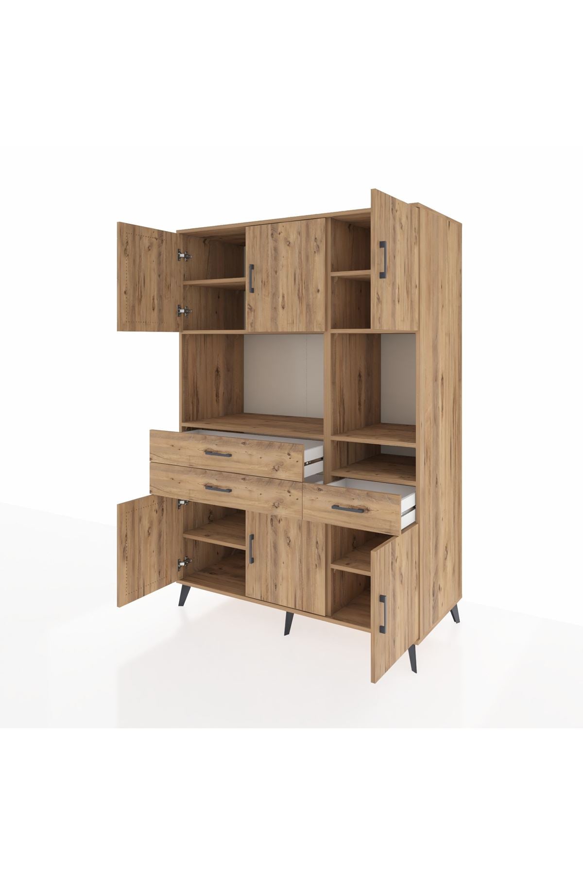 Kronos Dolap 9 Raflı 3 Çekmeceli 6 Kapaklı 132x59x195 Çam-Çam/Çam